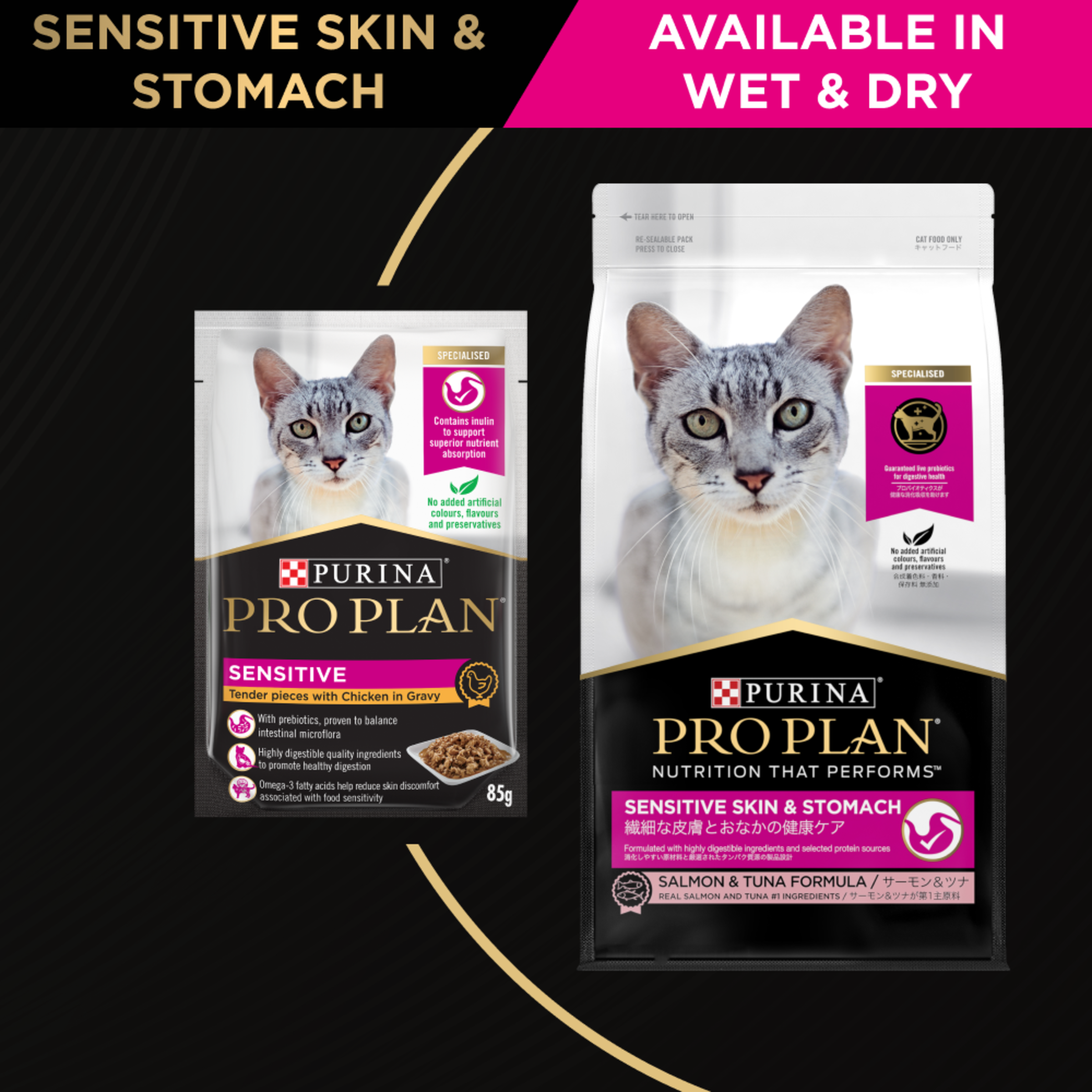 PRO PLAN Sensitive Skin & Stomach range panel: the dry bag and the wet pack, in wet and dry