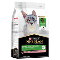 PRO PLAN Weight Loss Sterilised Salmon & Tuna dry cat food bag, angled to show front and side
