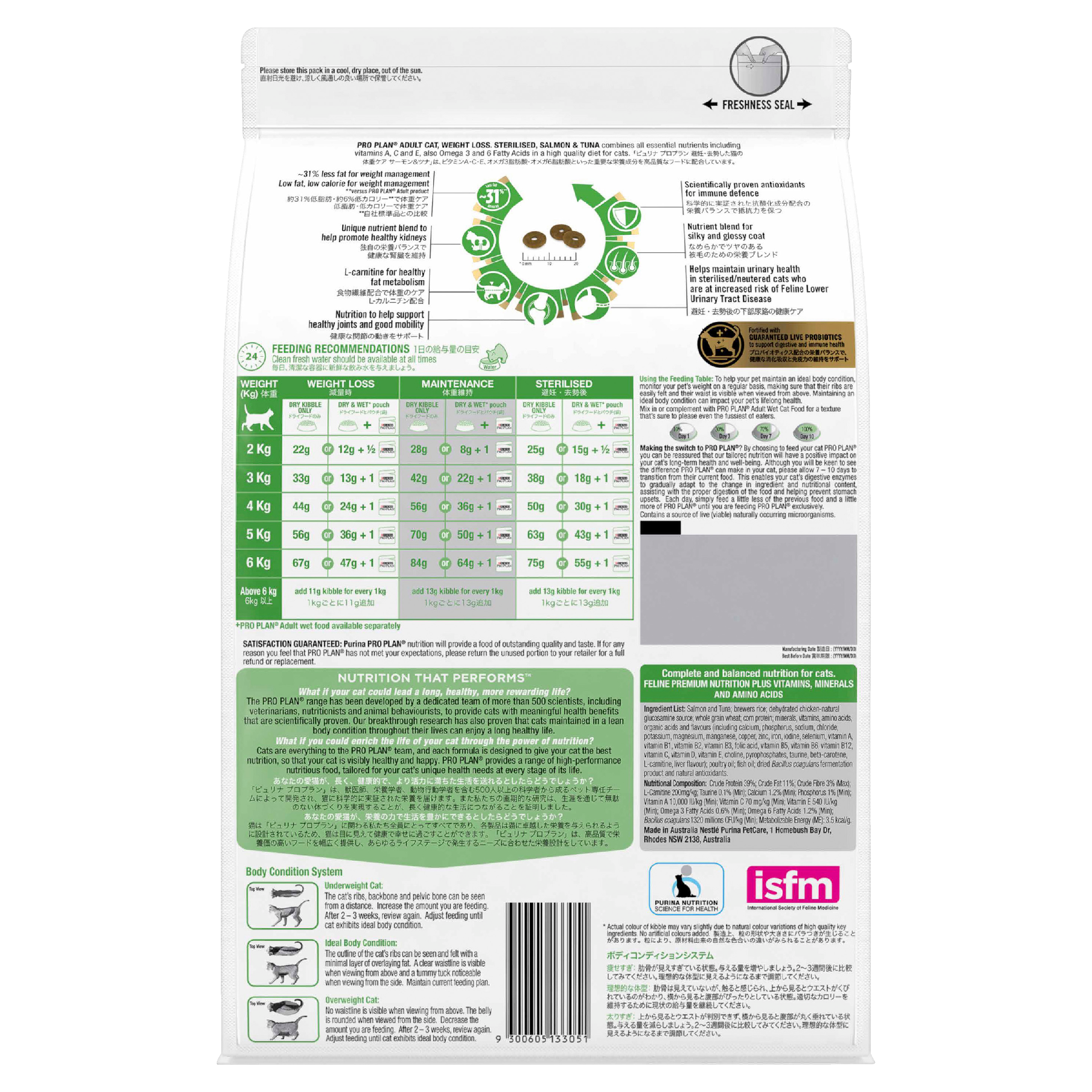 PRO PLAN Weight Loss Sterilised bag back, with the feeding tables, ingredients and iSFM logo