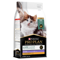 PRO PLAN LIVECLEAR Kitten Chicken Formula 1.5kg bag, angled to show the front and side panel