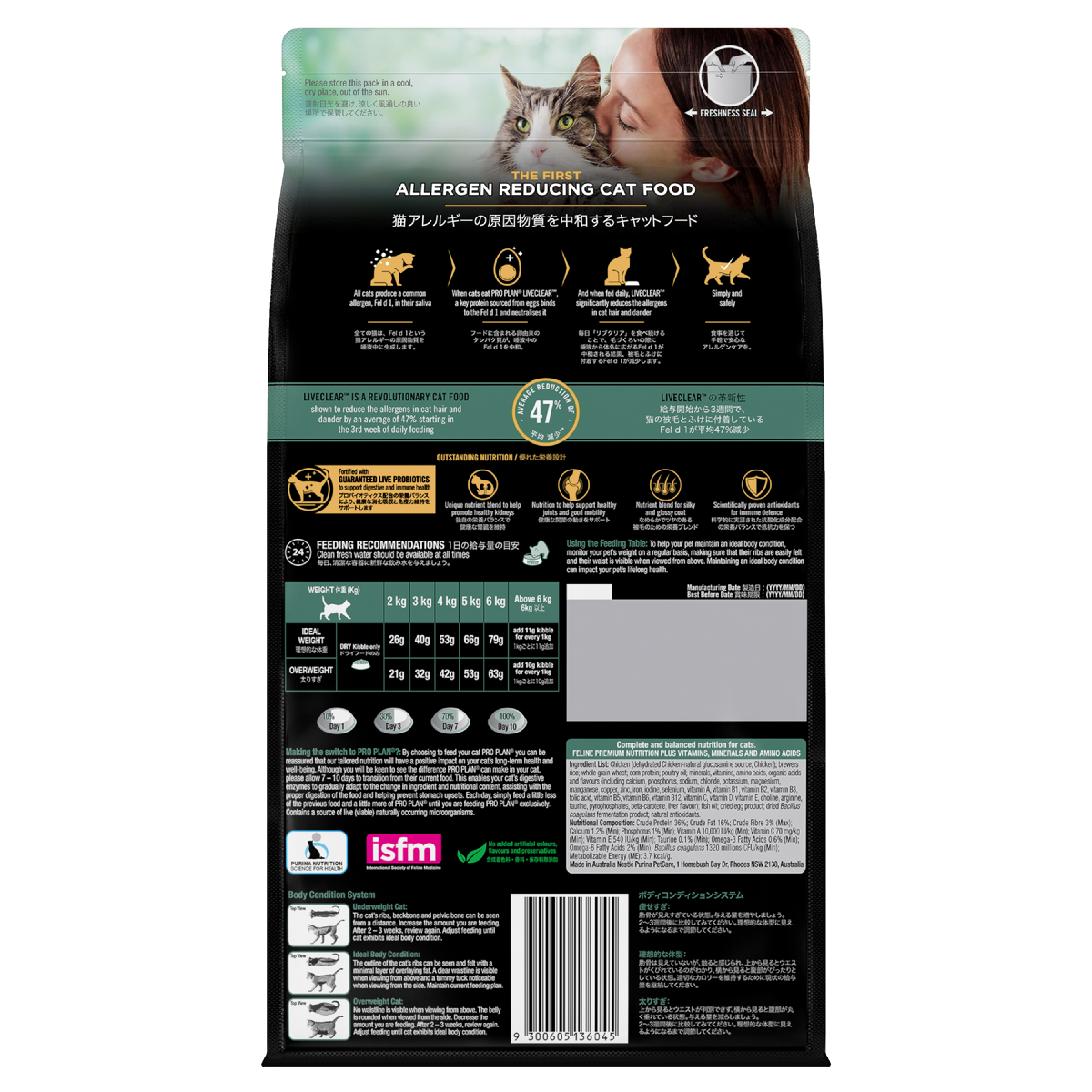 PRO PLAN LIVECLEAR Adult bag back, dark panel with the allergen-reducing icons and feeding table
