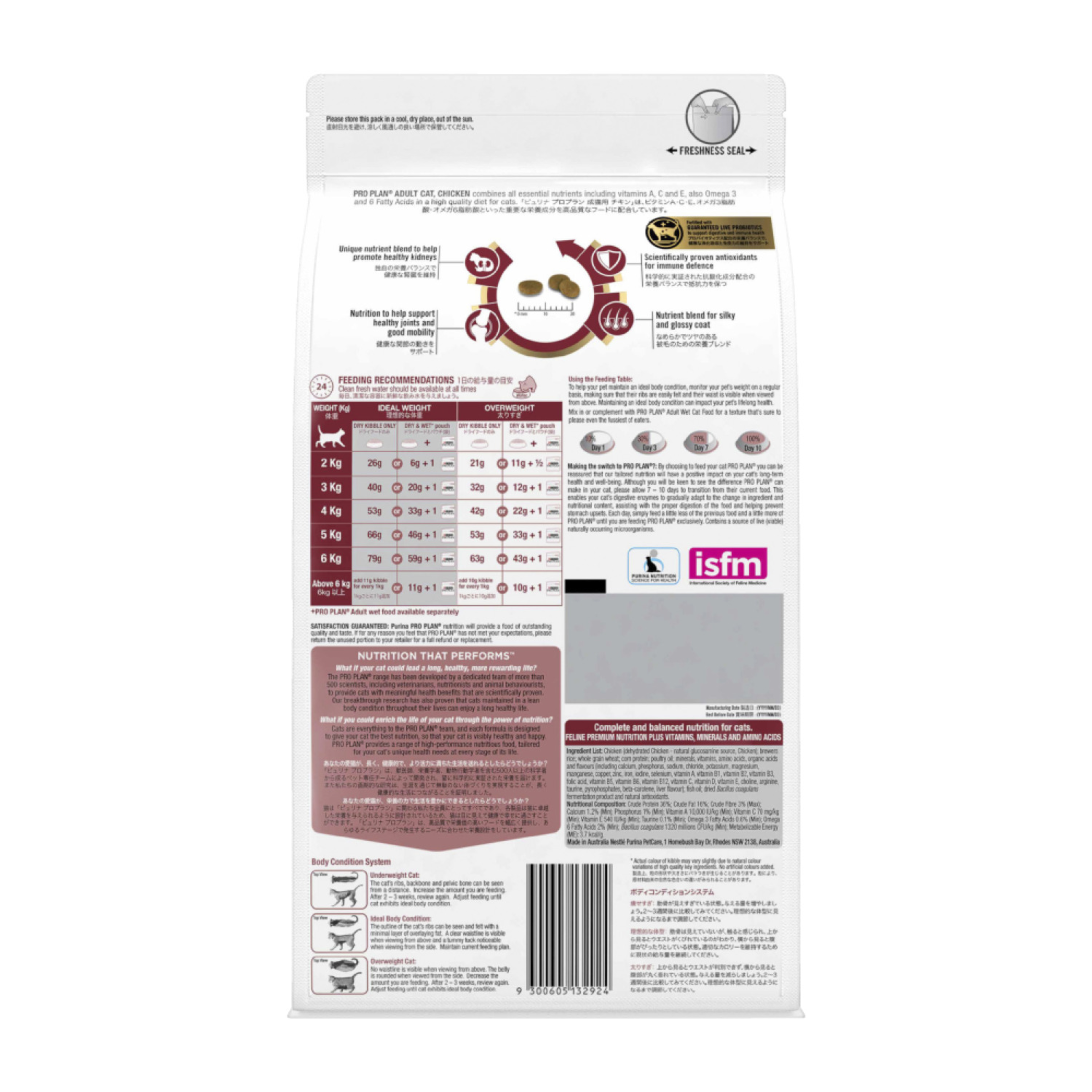 PRO PLAN Adult Chicken Formula bag back, with the feeding table, ingredients and iSFM logo