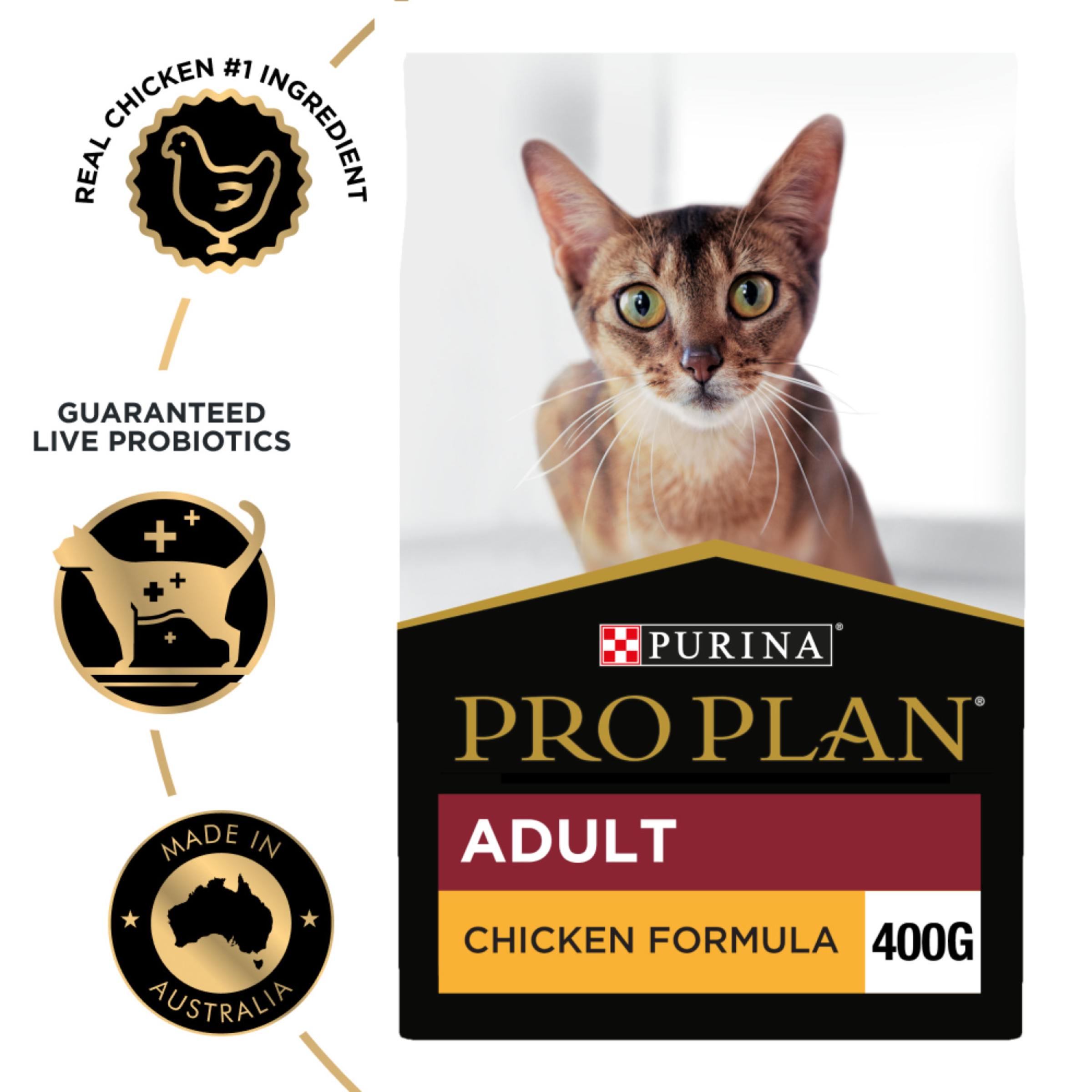 PRO PLAN Adult Chicken Formula 400g bag beside badges for chicken as first ingredient and probiotics