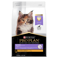 PRO PLAN Kitten Chicken Formula dry cat food bag, front of pack, with a maine coon kitten