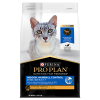 PRO PLAN Indoor Hairball Control Chicken Formula dry cat food bag, front of pack