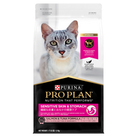 PRO PLAN Sensitive Skin & Stomach Salmon & Tuna Formula dry cat food bag, front of pack