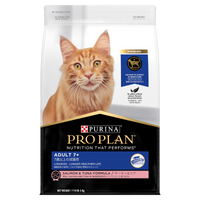 PRO PLAN Adult 7+ Salmon & Tuna Formula dry cat food bag, front of pack