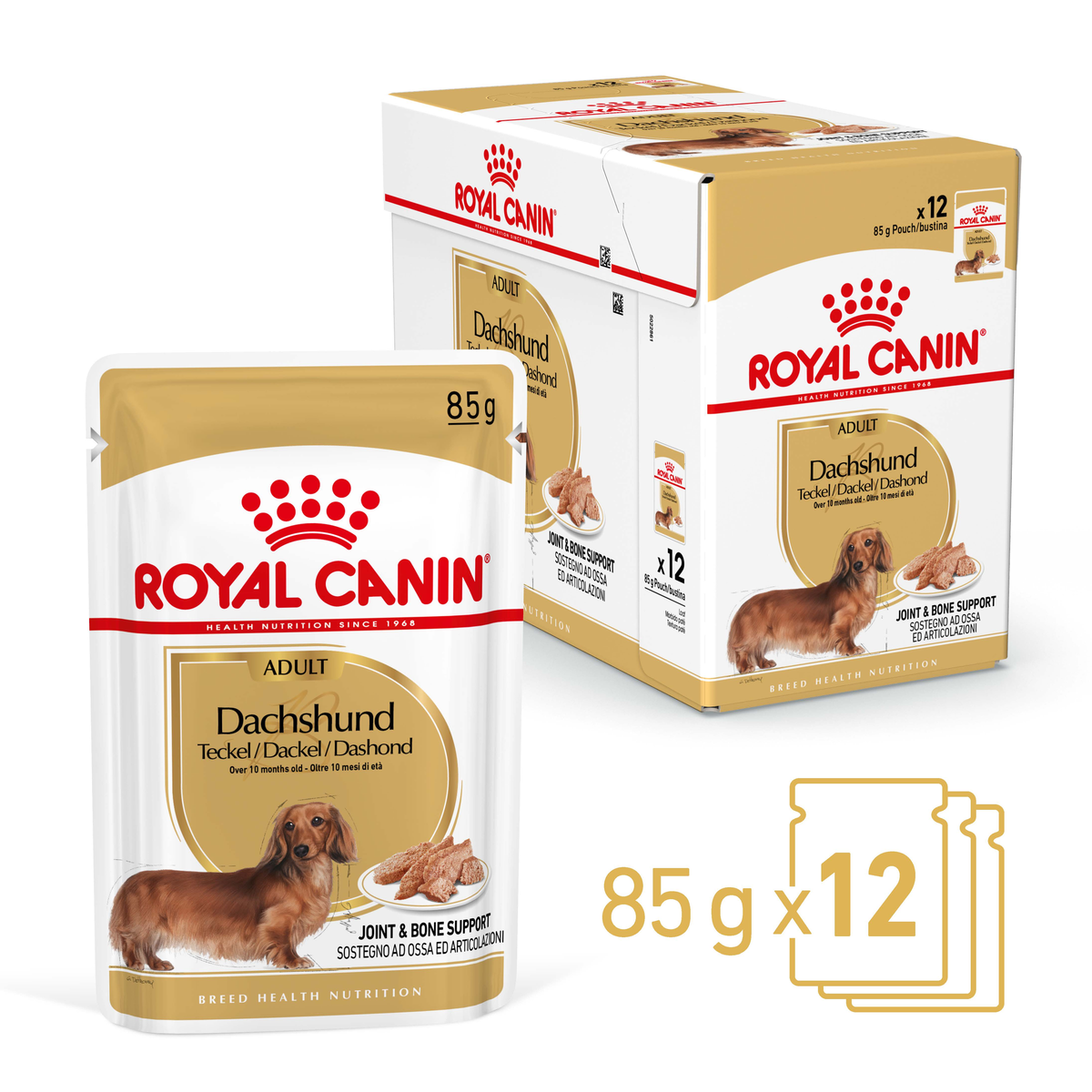Royal Canin Dachshund Adult 85g x 12 wet food box with pouches alongside