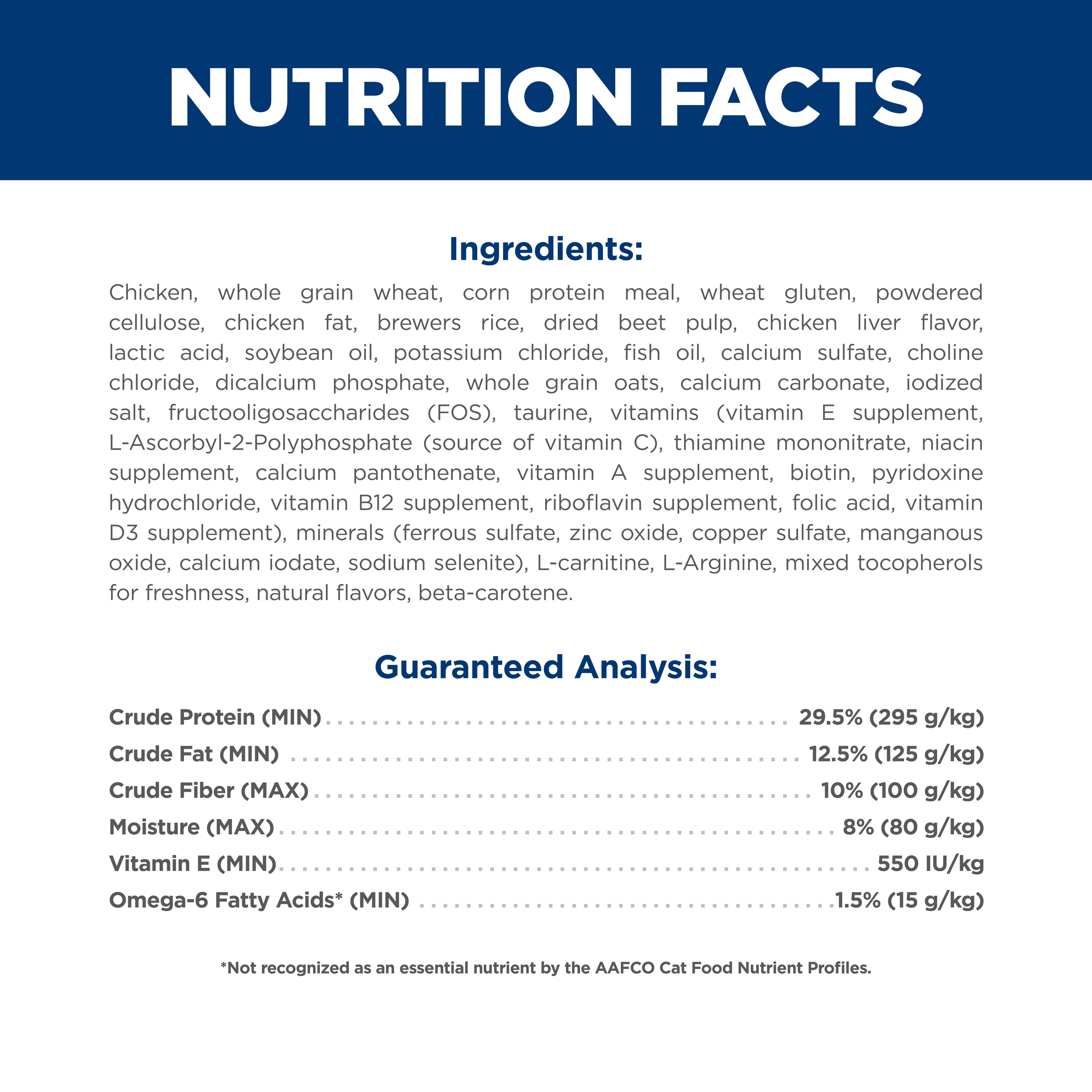 Ingredients and guaranteed analysis panel for Hill's Science Diet Adult 7+ Indoor dry cat food