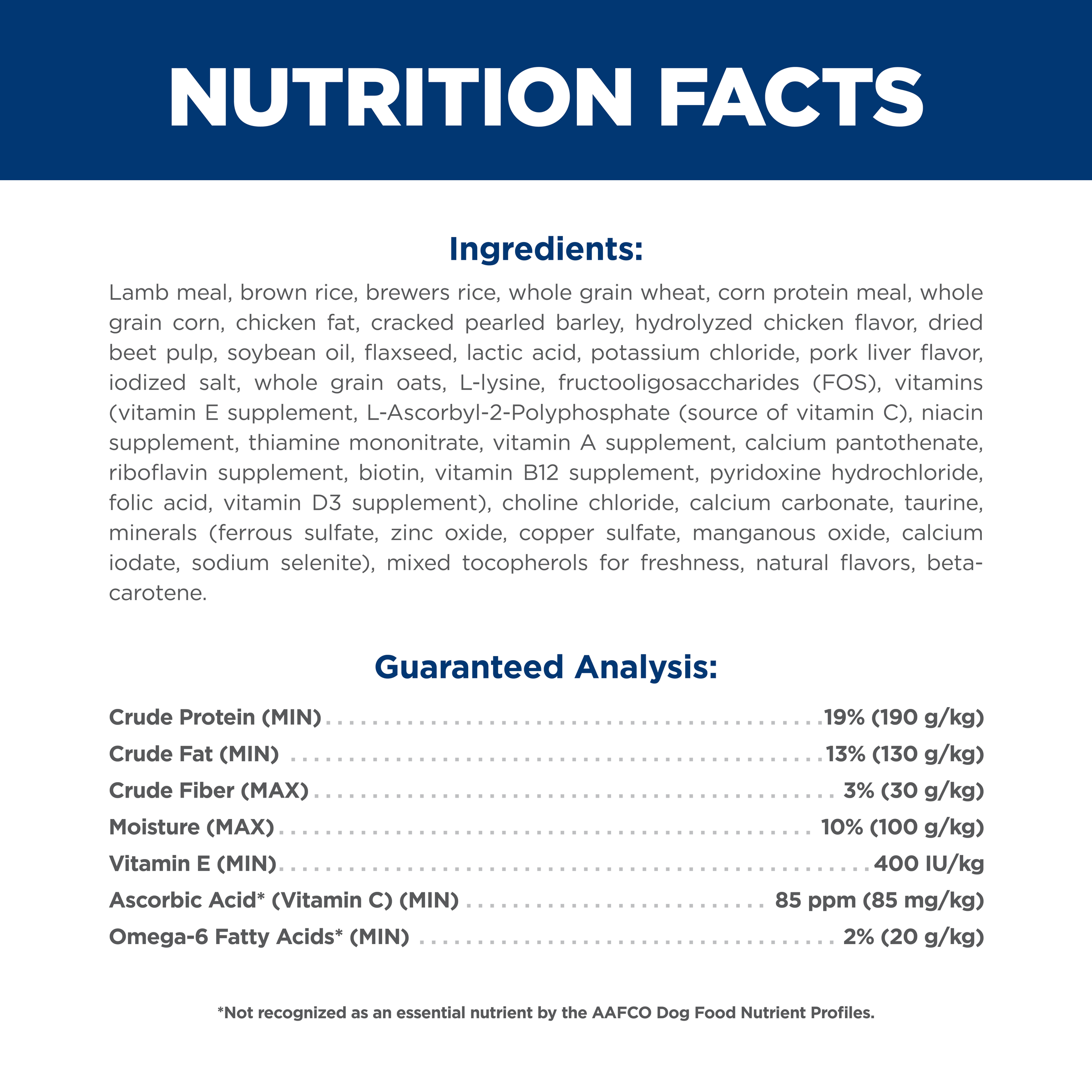 Ingredients and guaranteed analysis panel for Hill's Science Diet Adult Lamb and Rice dry dog food