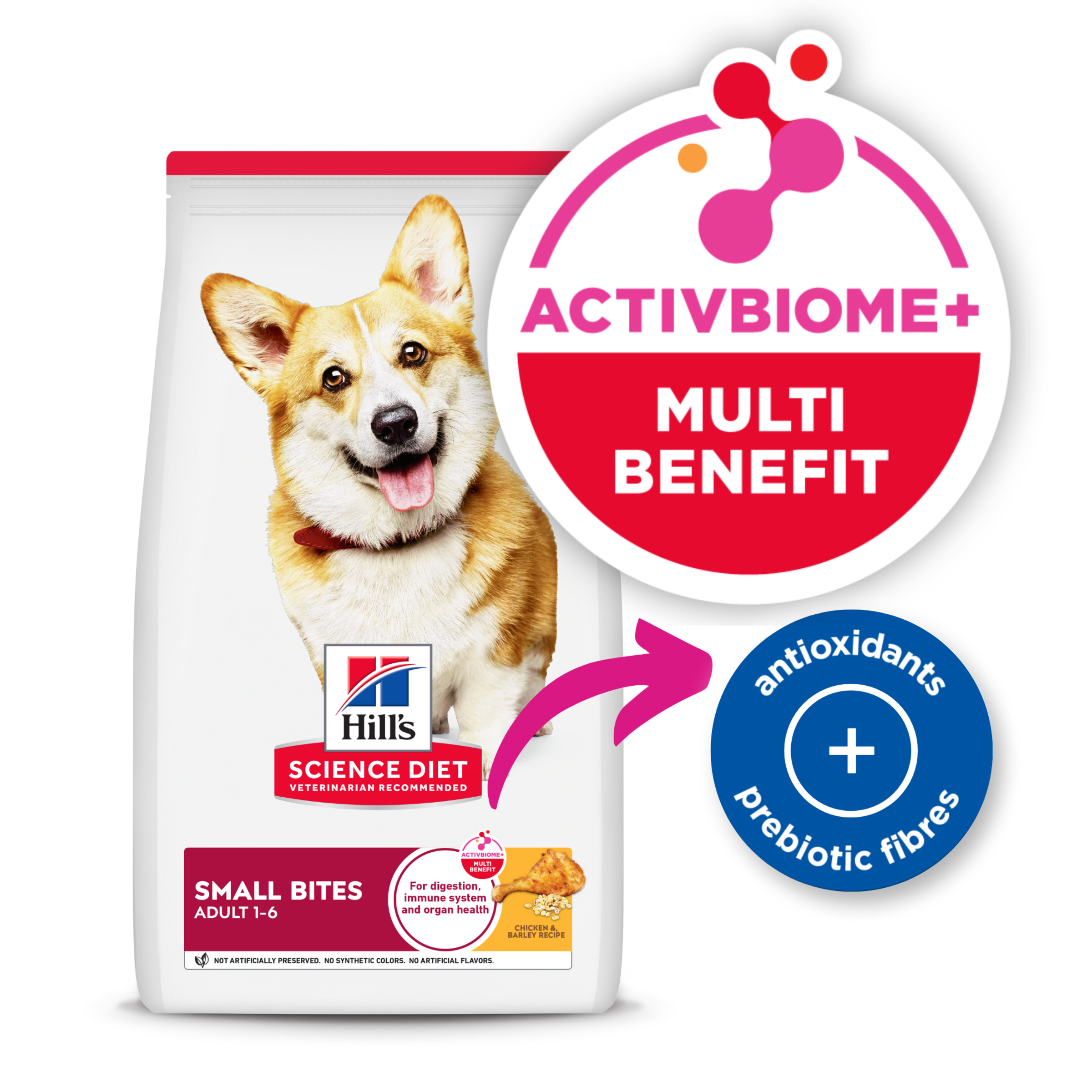 Hill's Science Diet Adult Small Bites dog food bag with the ActivBiome+ Multi Benefit badge
