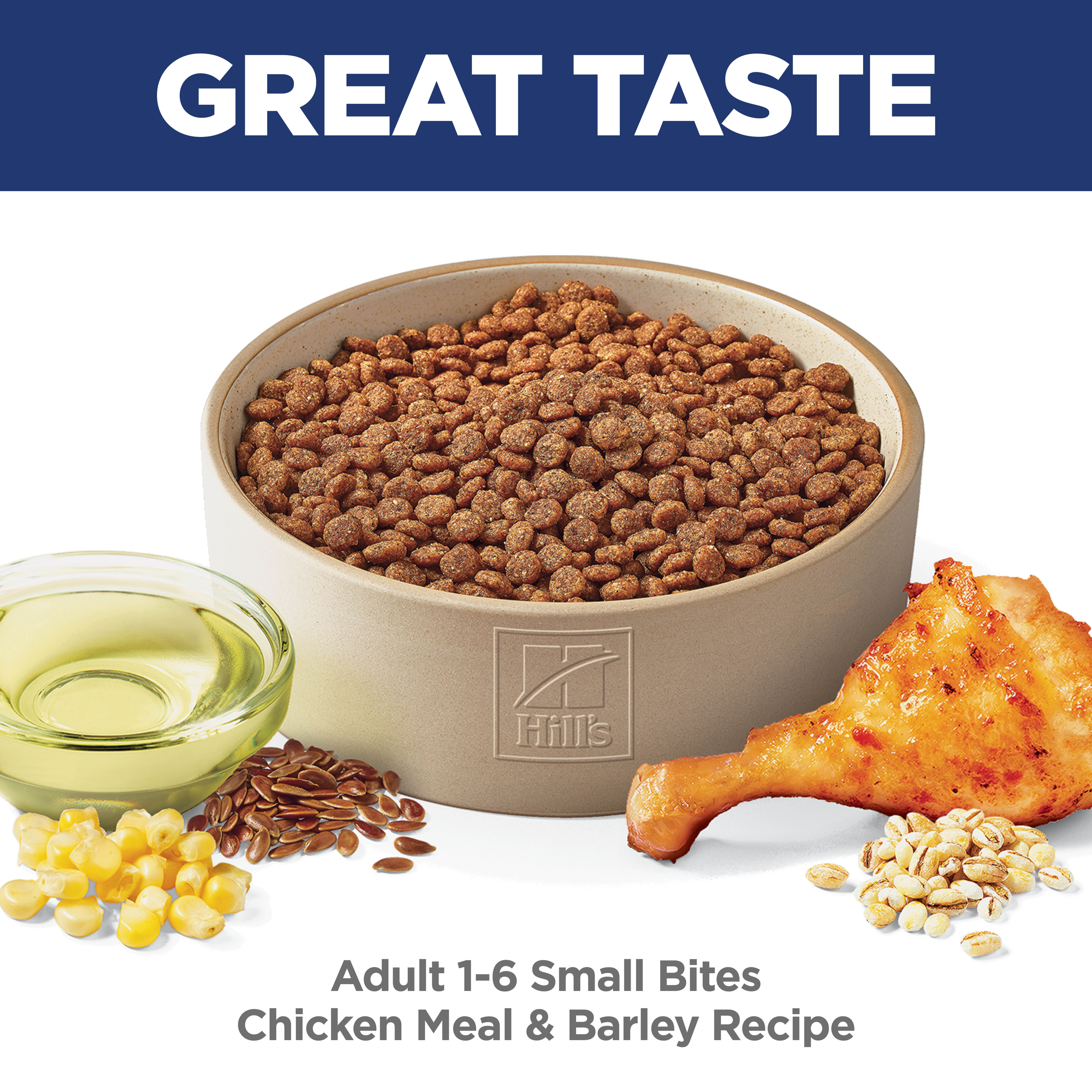 Bowl of Hill's Adult Small Bites chicken meal and barley recipe dog kibble with chicken and grains