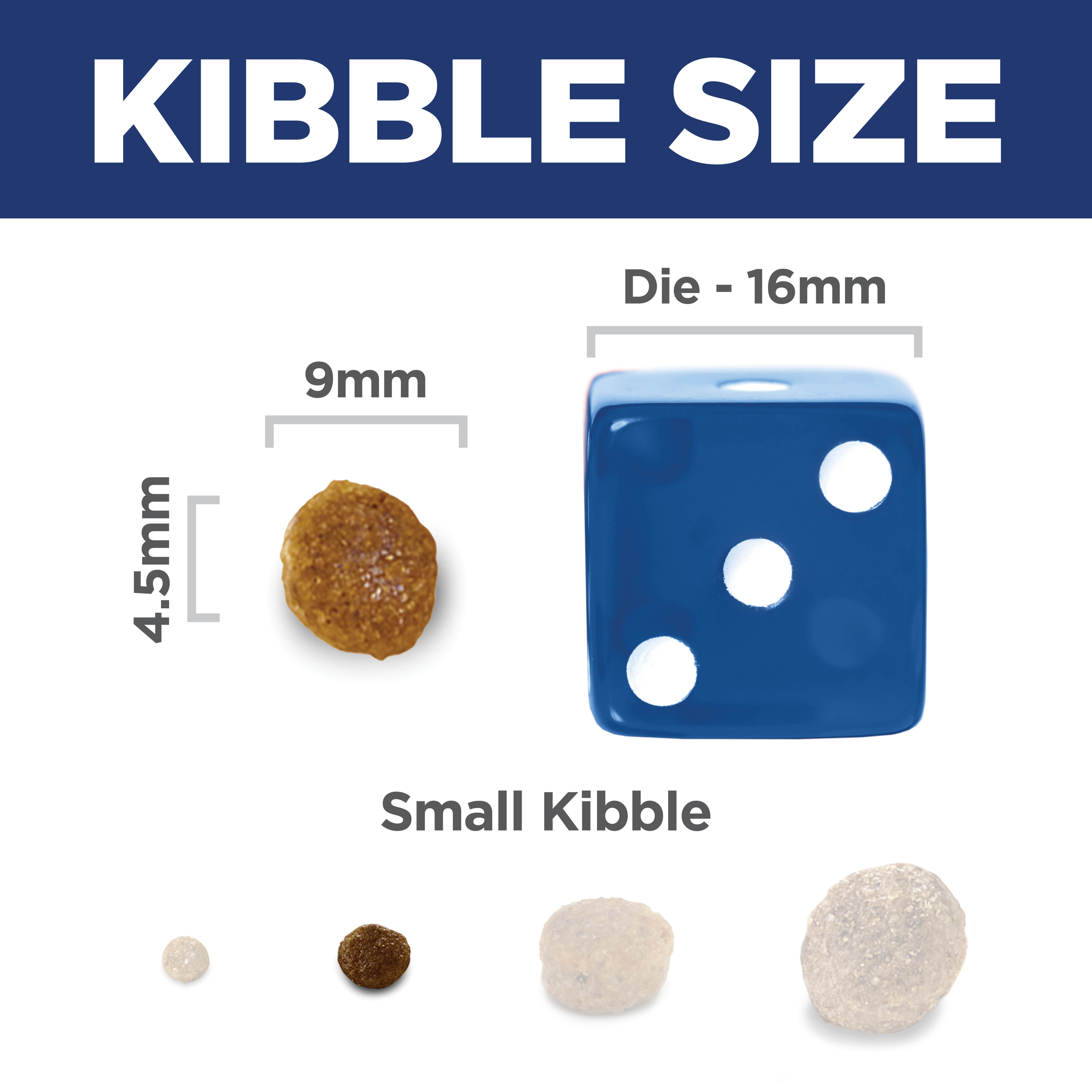 Kibble size comparison: 9mm by 4.5mm Hill's Adult Small Bites dog kibble beside a 16mm dice