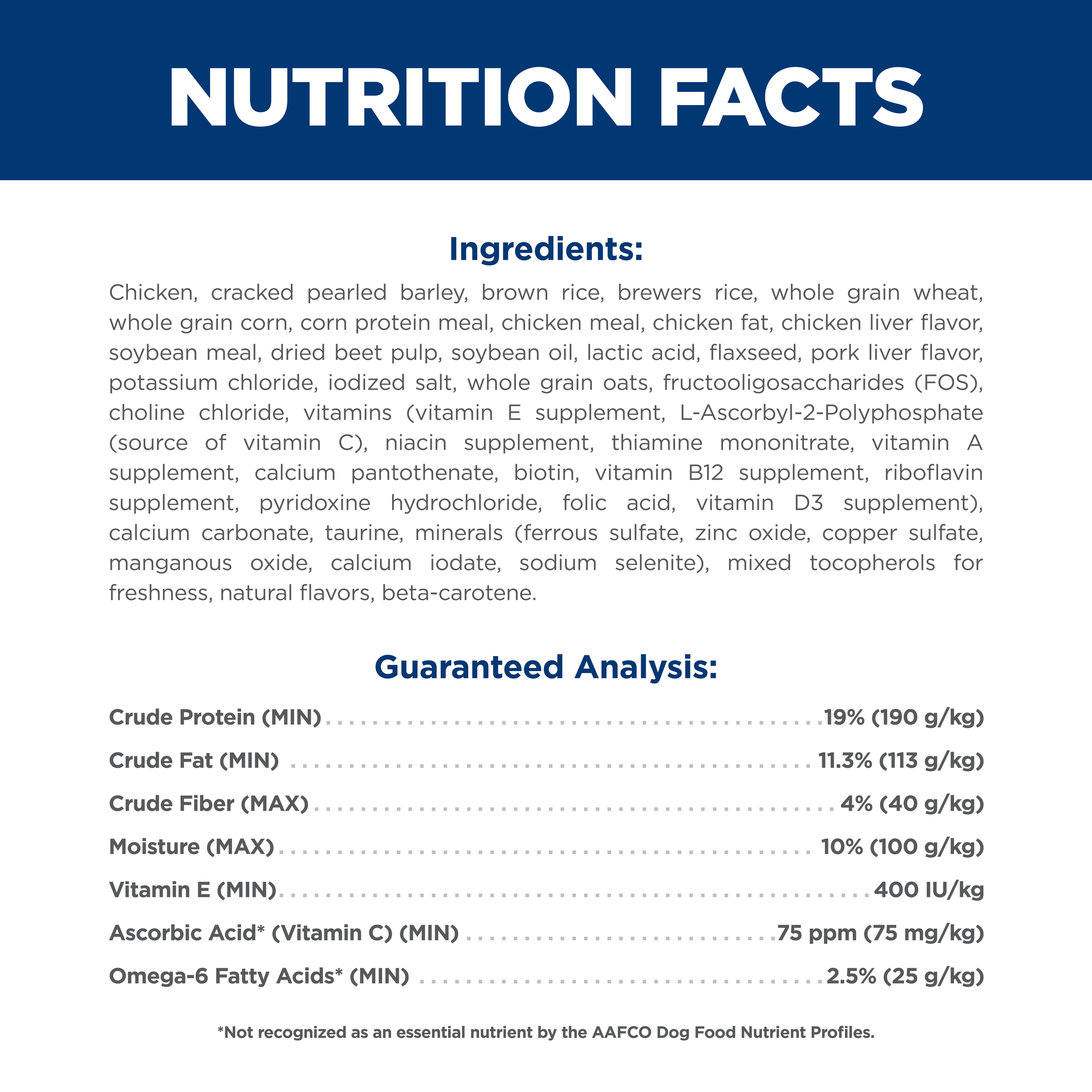 Ingredients and guaranteed analysis panel for Hill's Science Diet Adult Small Bites dry dog food