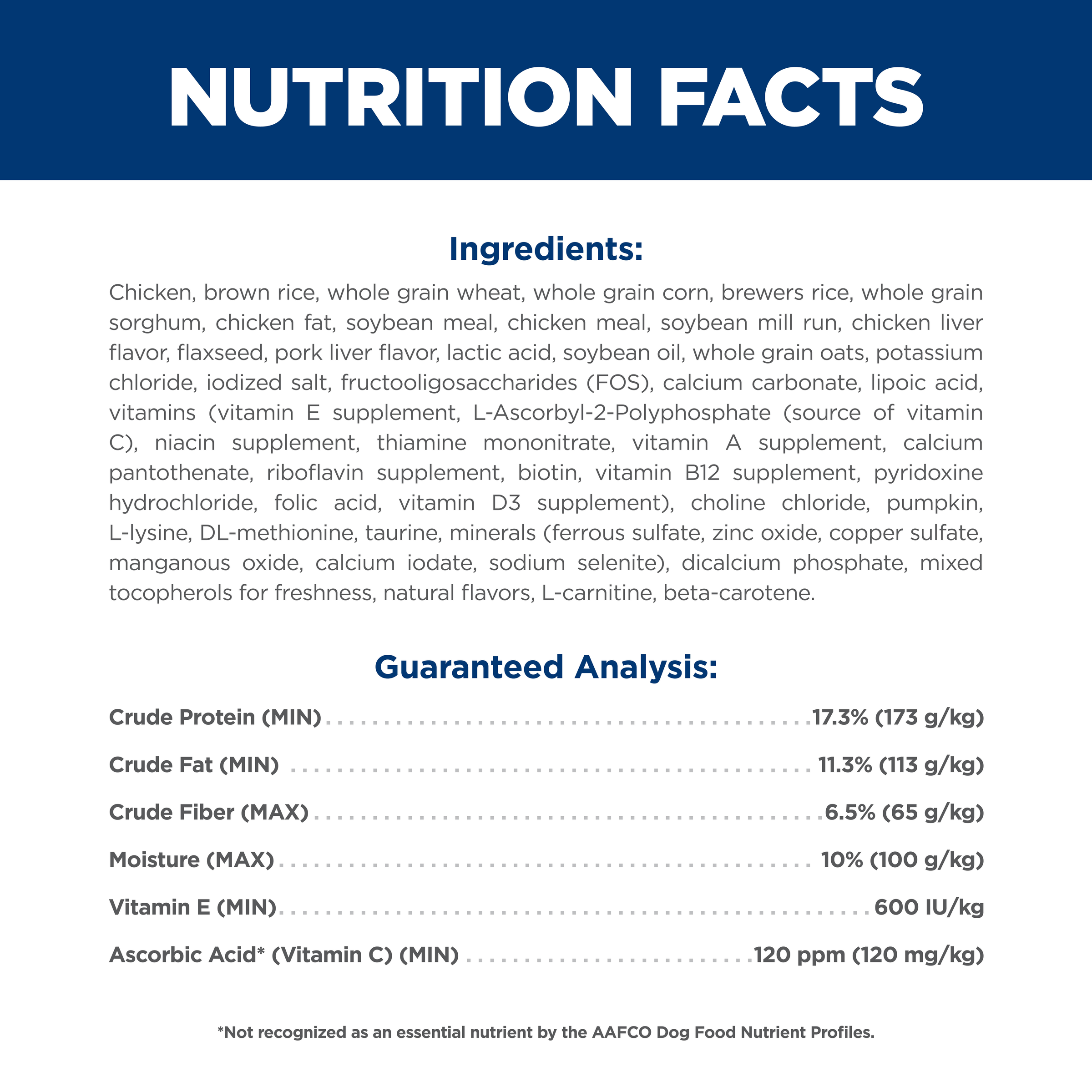 Ingredients and guaranteed analysis panel for Hill's Adult 7+ Small & Mini dry dog food