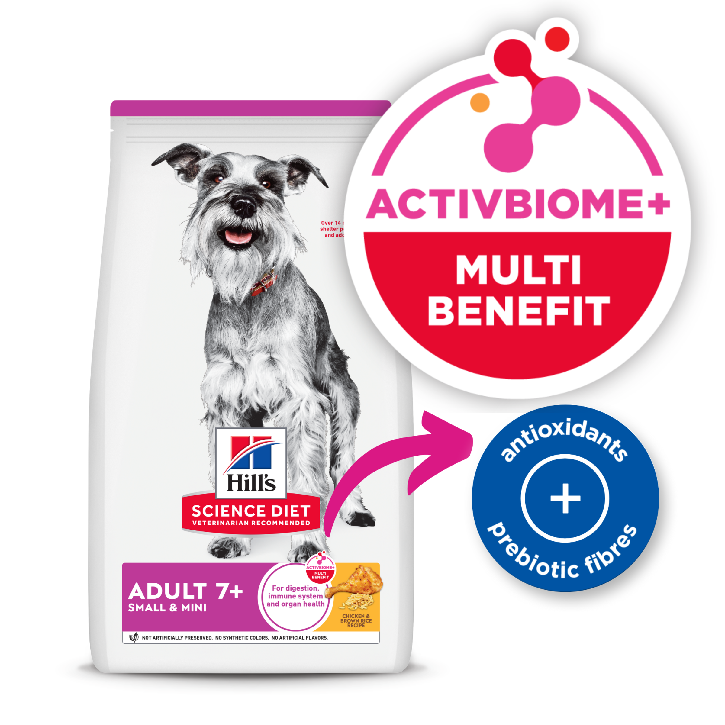 Hill's Adult 7+ Small & Mini dog food bag with the ActivBiome+ Multi Benefit badge