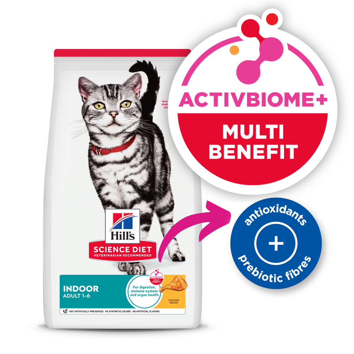 Hill's Science Diet Adult Indoor cat food bag with the ActivBiome+ Multi Benefit badge