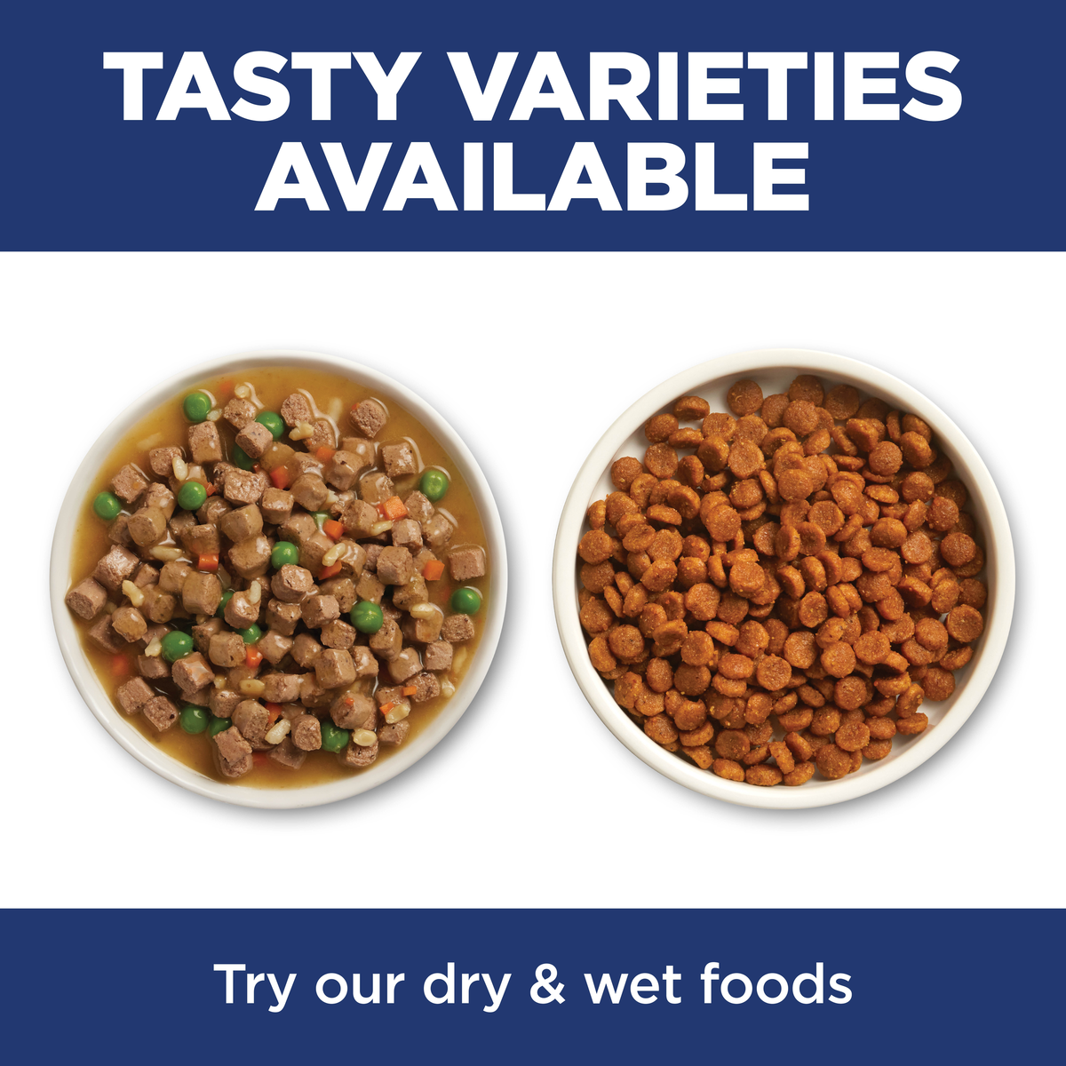 Tasty varieties available: bowls of Hill's Science Diet wet and dry cat food side by side