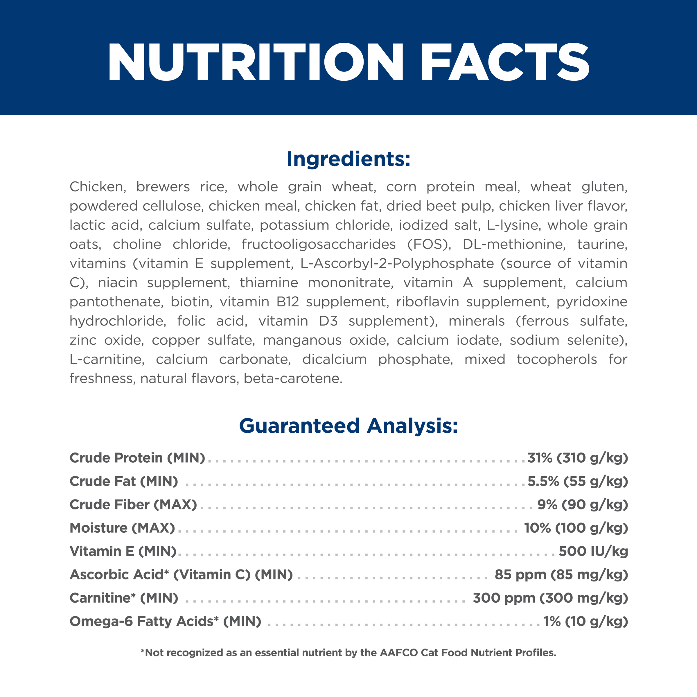 Ingredients and guaranteed analysis panel for Hill's Science Diet Adult Light dry cat food