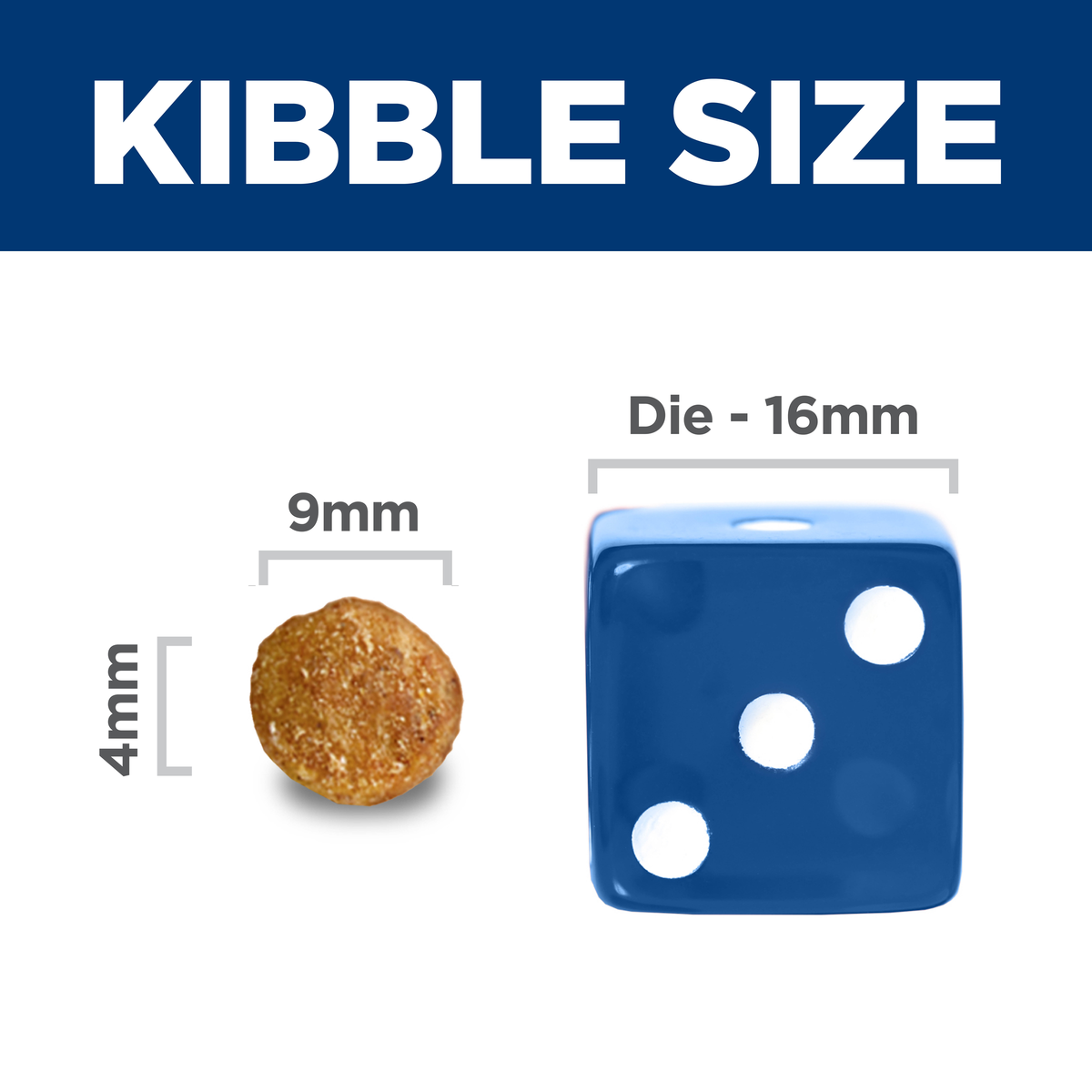 Kibble size comparison: 9mm by 4mm Hill's Adult Light cat kibble beside a 16mm dice