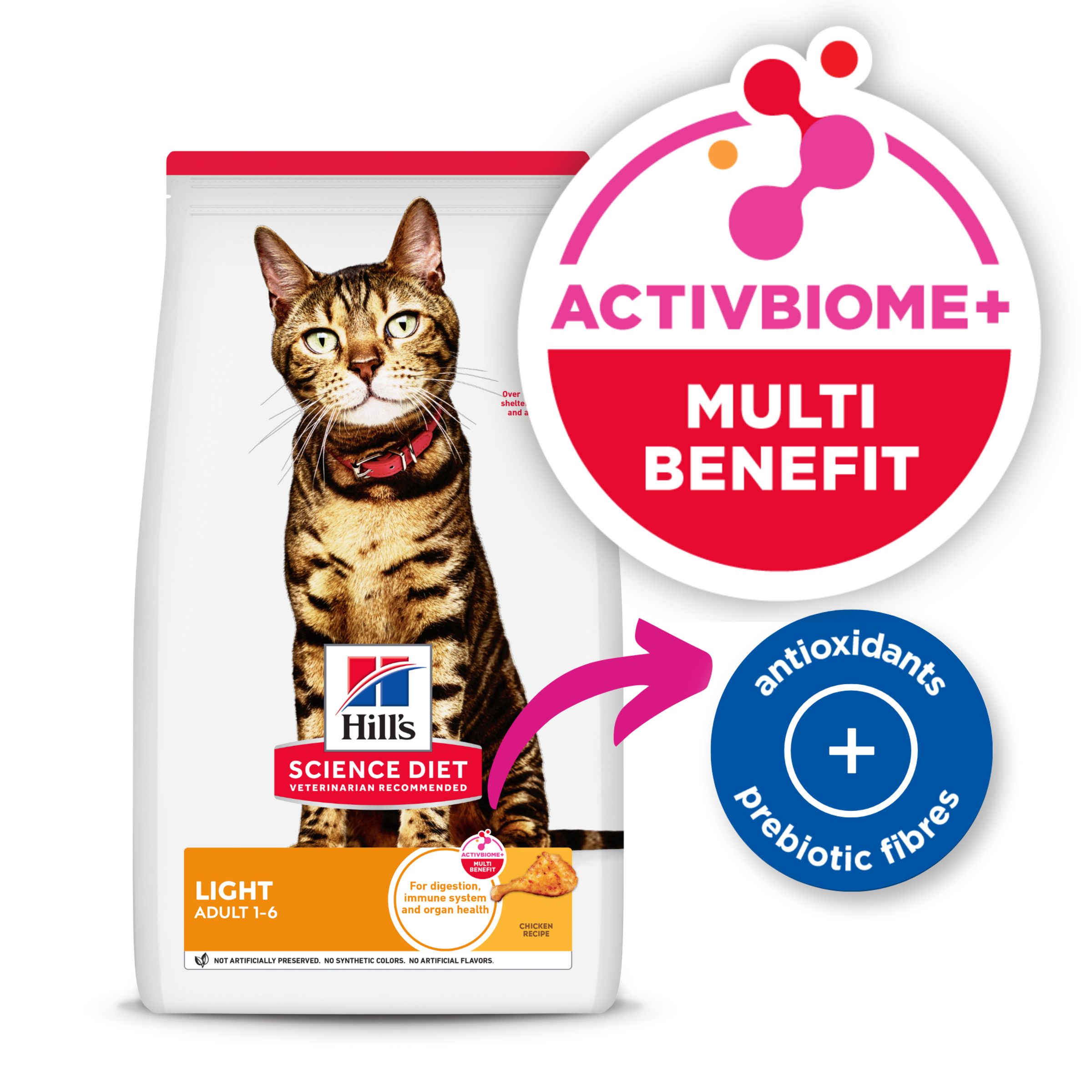 Hill's Science Diet Adult Light cat food bag with the ActivBiome+ Multi Benefit badge