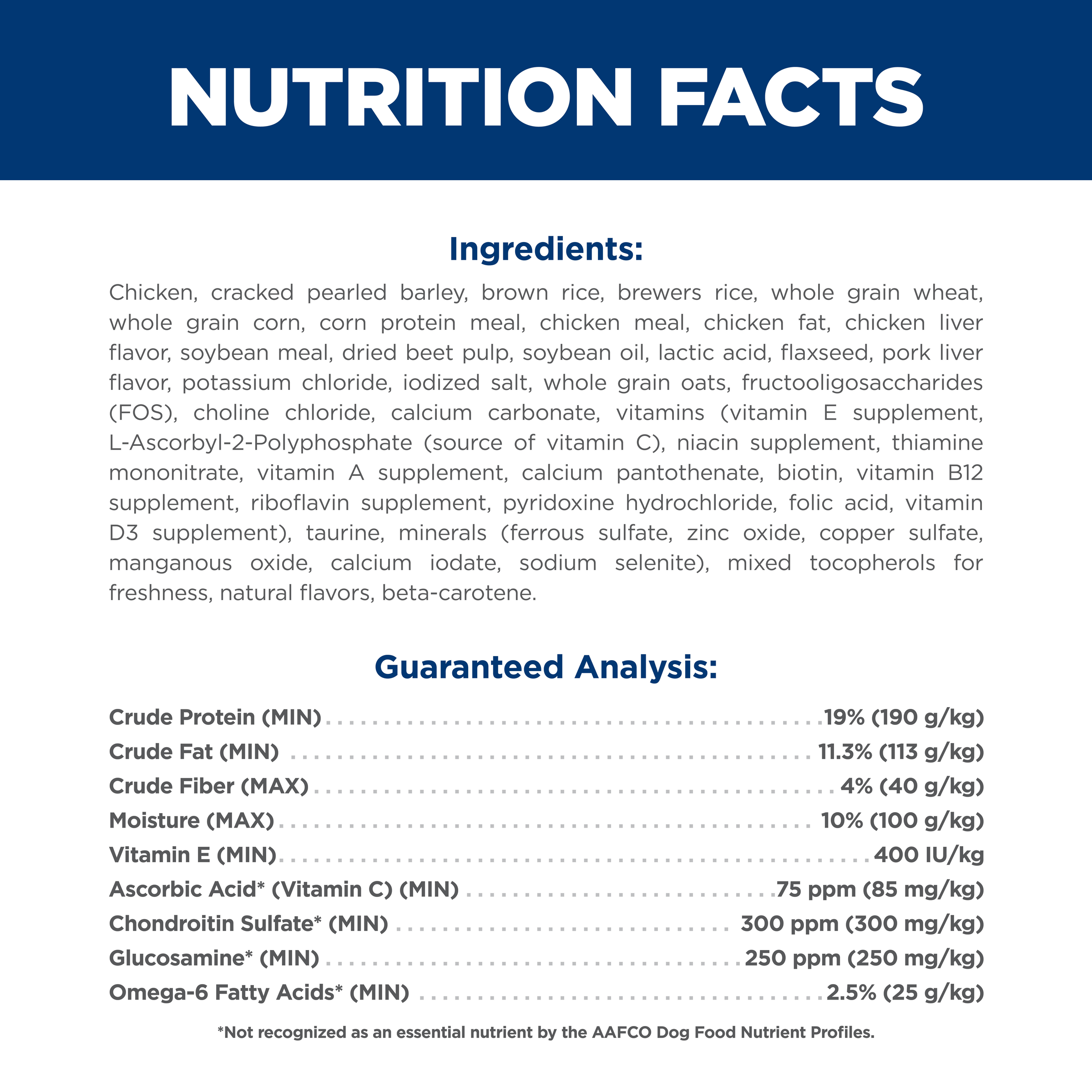Ingredients and guaranteed analysis panel for Hill's Science Diet Adult Large Breed dry dog food