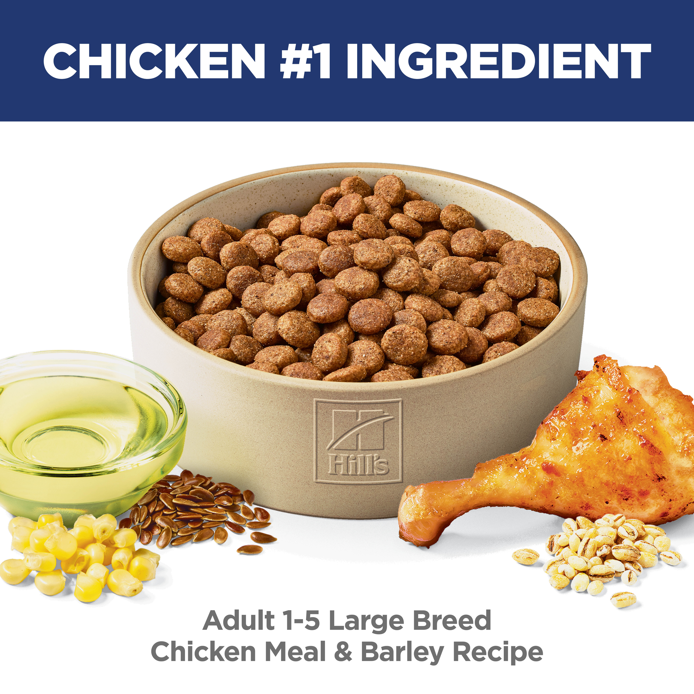 Chicken is the number one ingredient: bowl of Hill's Adult Large Breed chicken and barley kibble