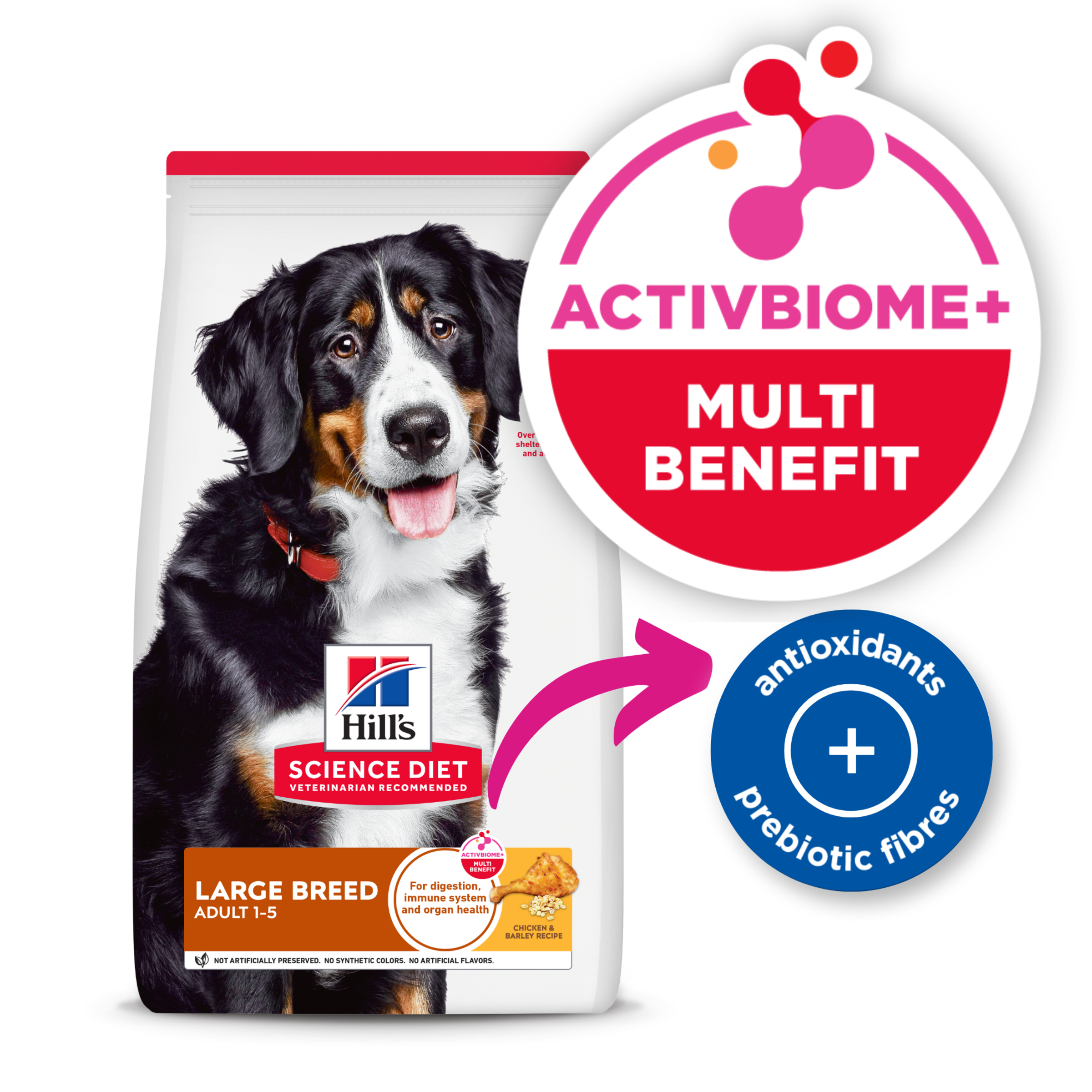 Hill's Science Diet Adult Large Breed dog food bag with the ActivBiome+ Multi Benefit badge