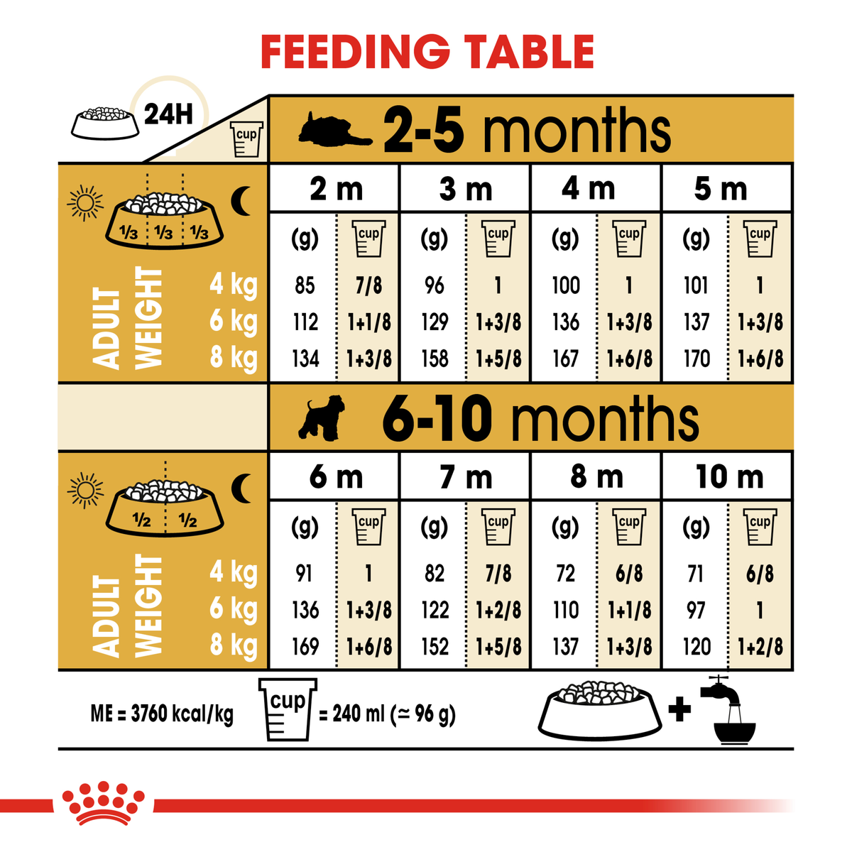 Royal Canin Miniature Schnauzer Puppy feeding table by age from 2 to 10 months