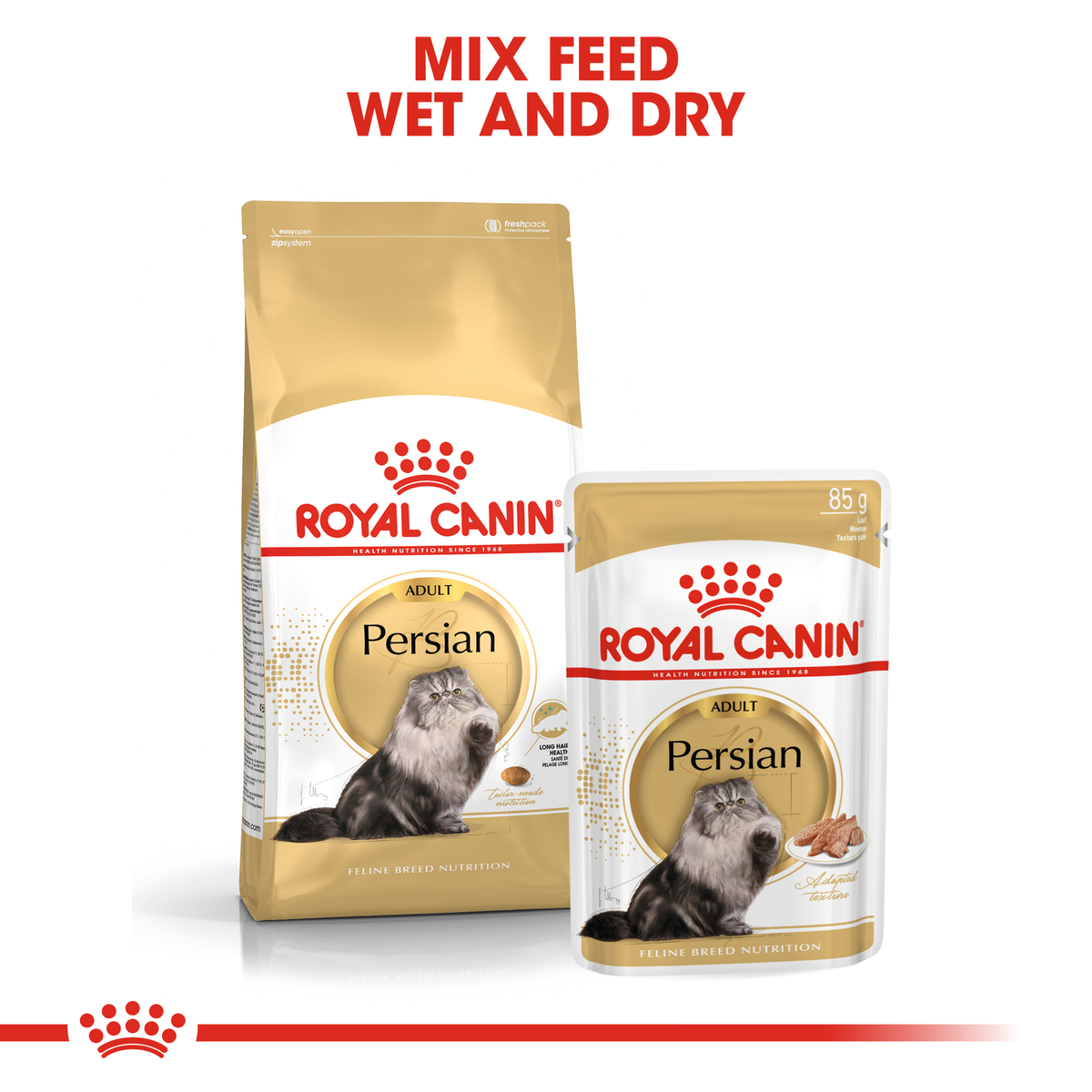 Royal Canin Persian dry bag and wet pouch pack shown together for mixed feeding