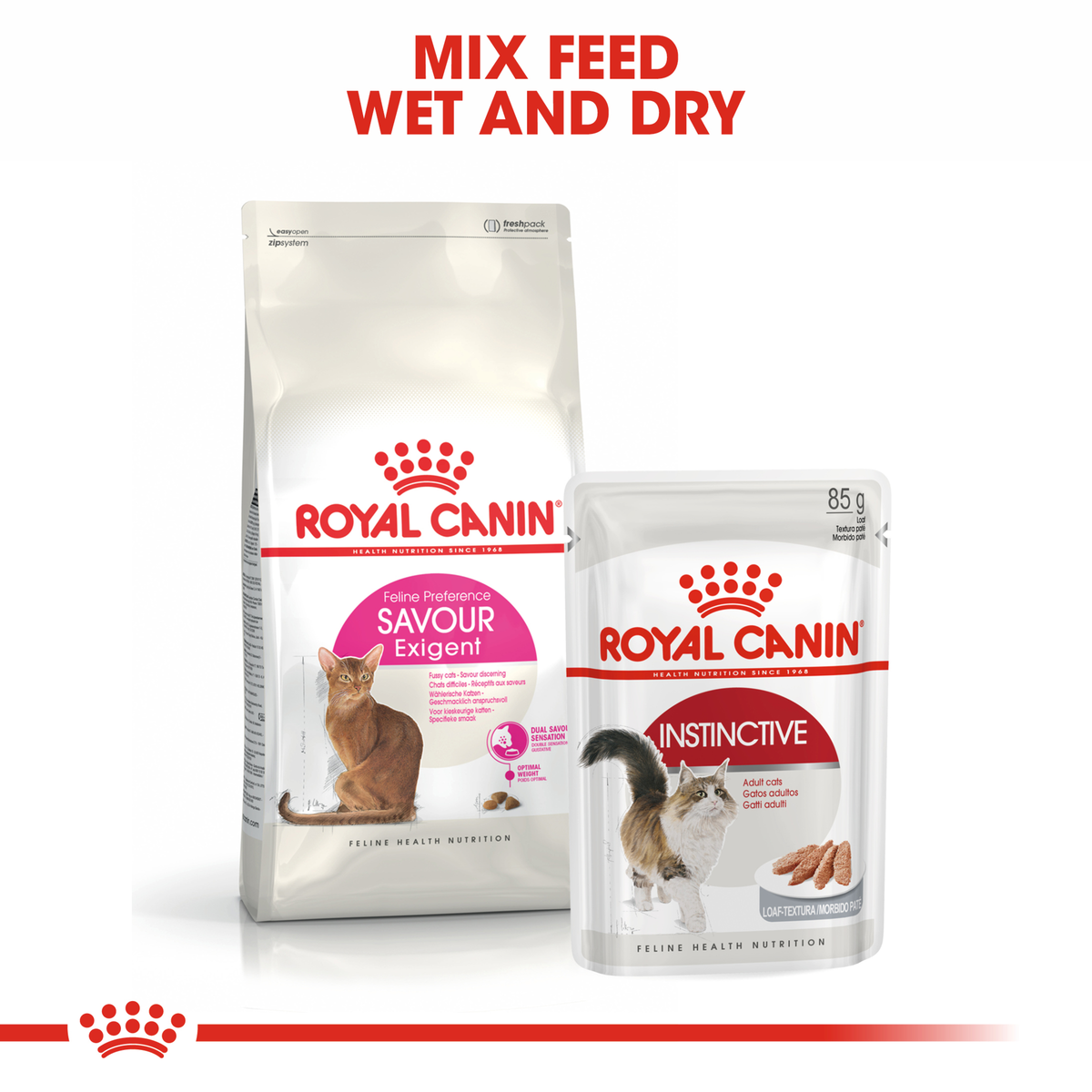 Royal Canin Savour Exigent dry bag beside an Instinctive wet pouch for mixed feeding