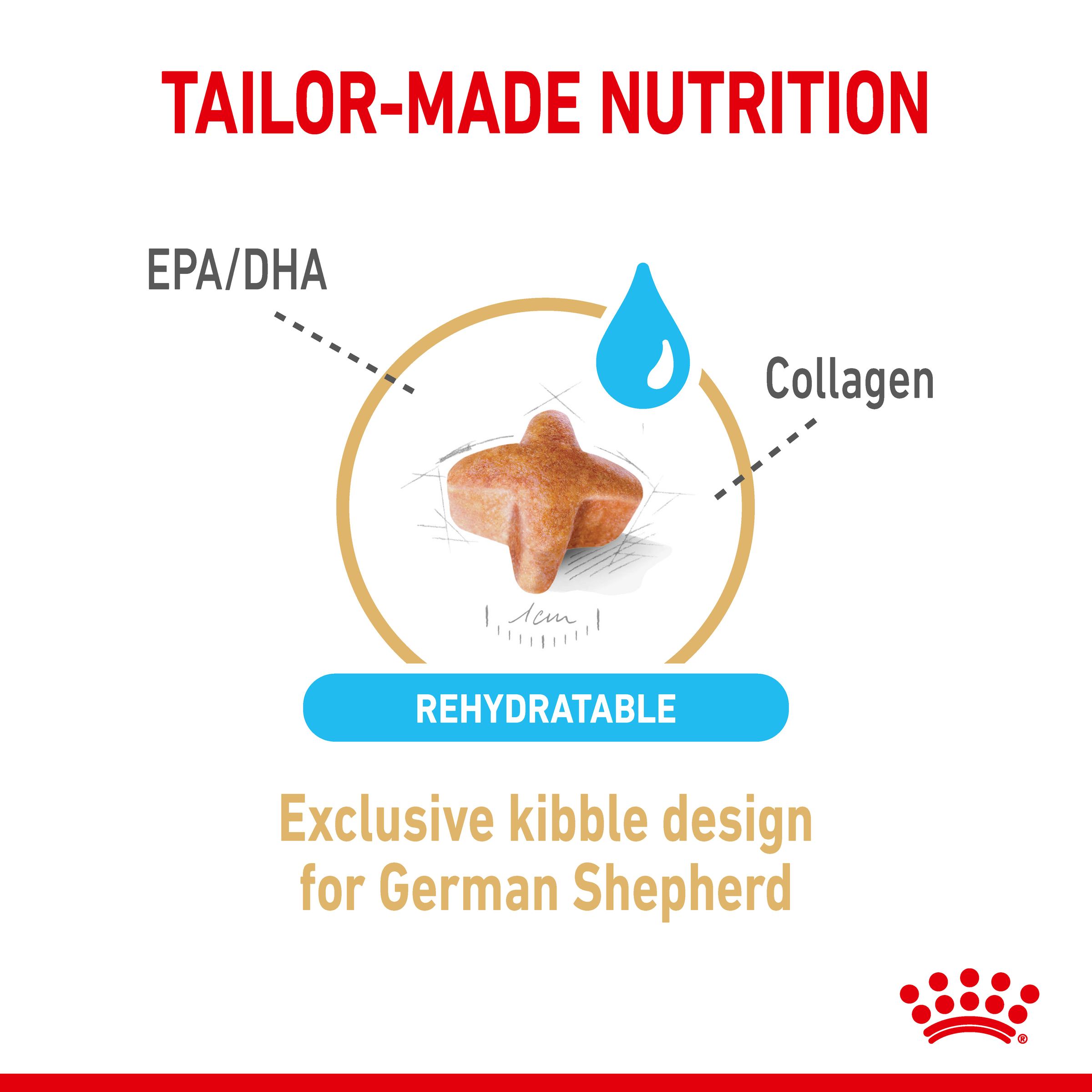 Royal Canin German Shepherd 5+ rehydratable kibble with EPA, DHA and collagen callouts
