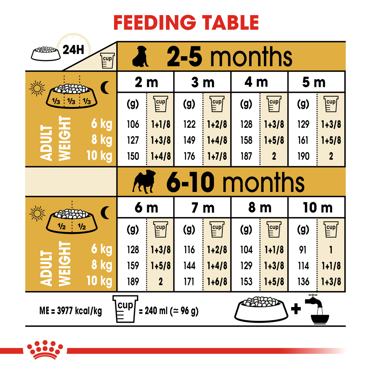Royal Canin Pug Puppy feeding table by age from 2 to 10 months