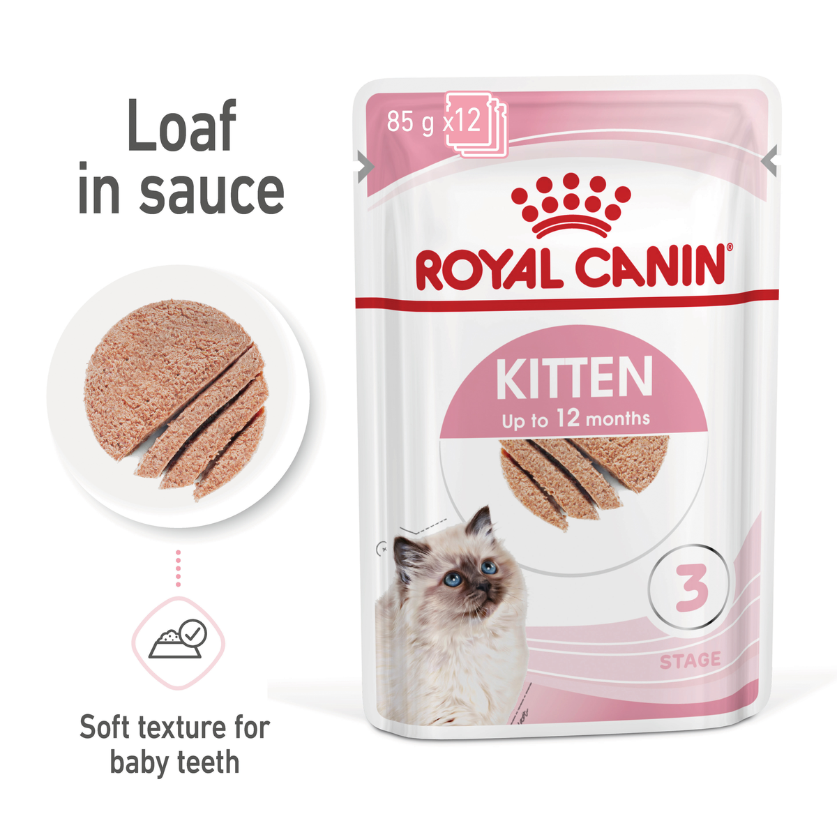Royal Canin Kitten loaf in sauce beside the pouch pack, soft texture for baby teeth