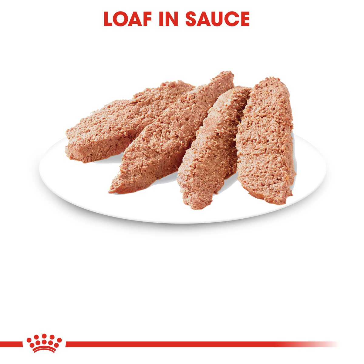 Close-up of Royal Canin Instinctive loaf in sauce slices on a plate