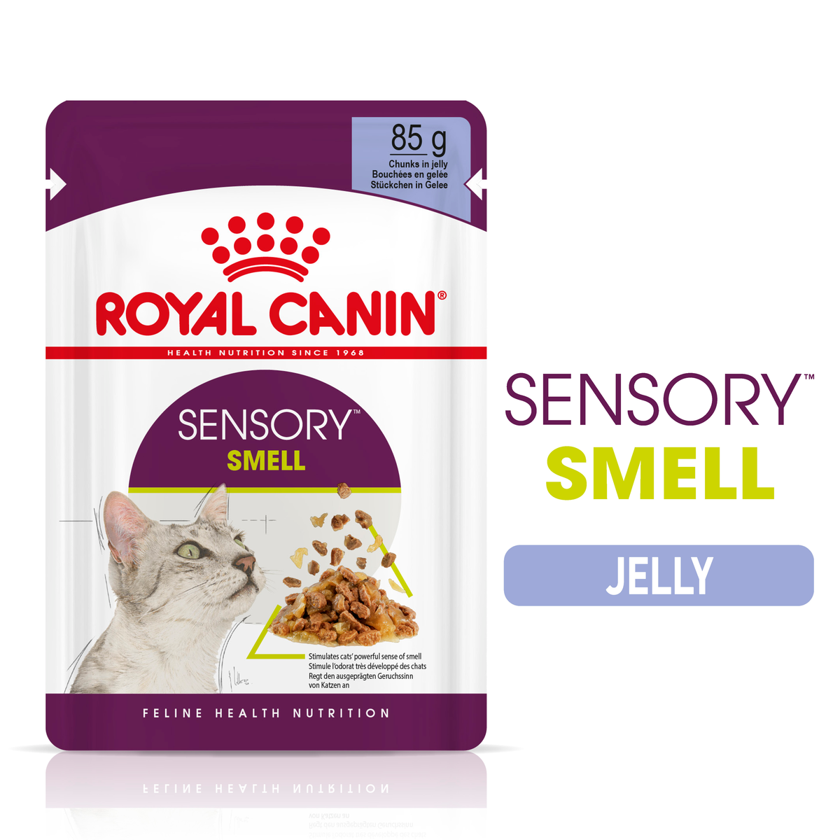 Royal Canin Sensory Smell jelly pouch beside the Sensory Smell range logo