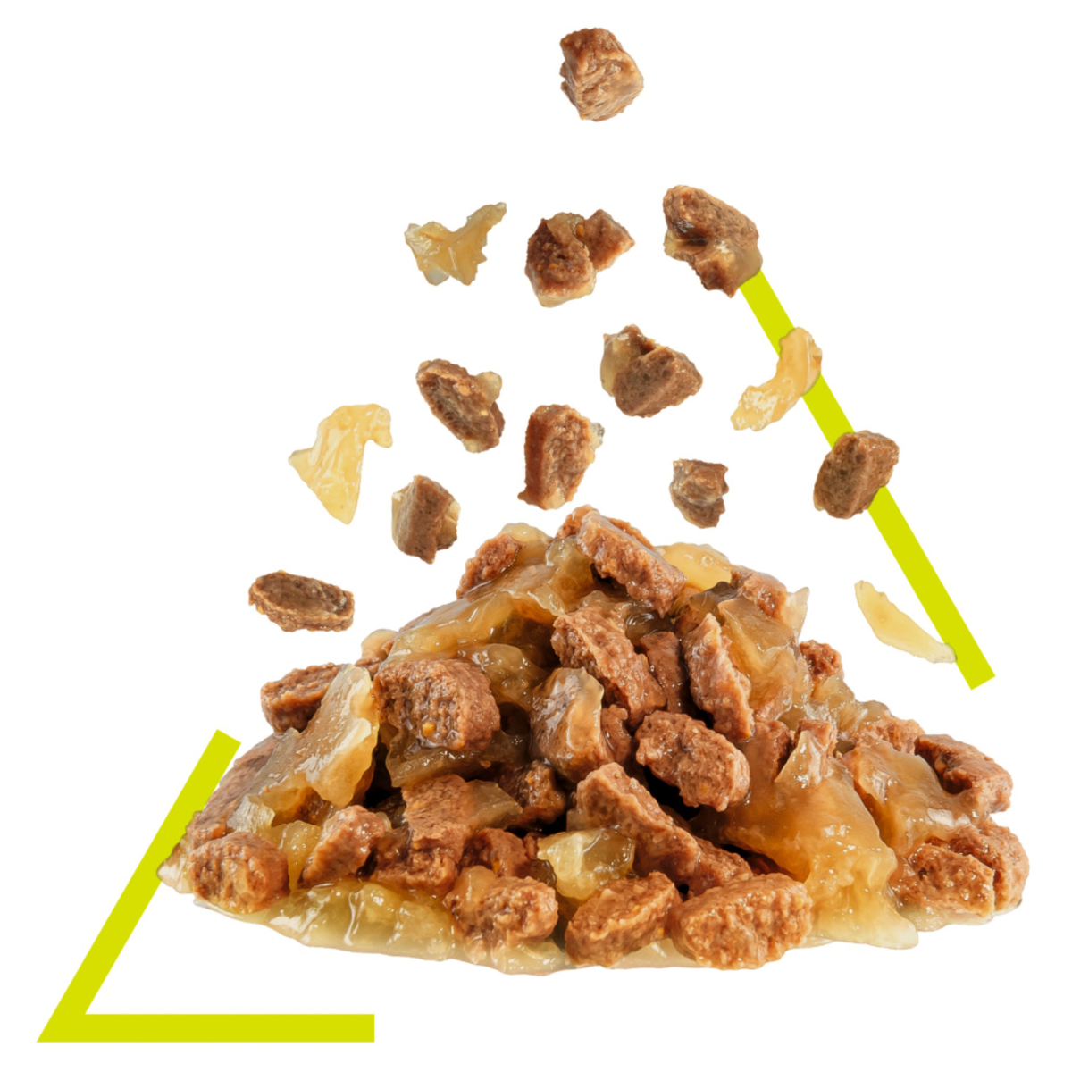 Close-up of Royal Canin Sensory Smell chunks in jelly scattered mid-air