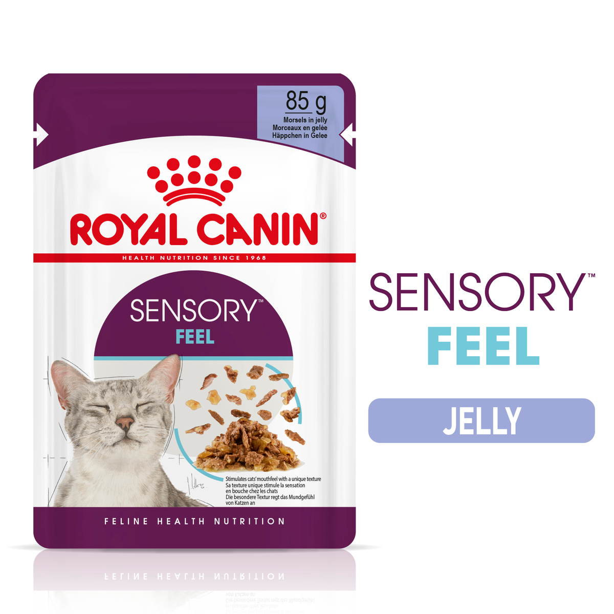 Royal Canin Sensory Feel jelly pouch beside the Sensory Feel range logo