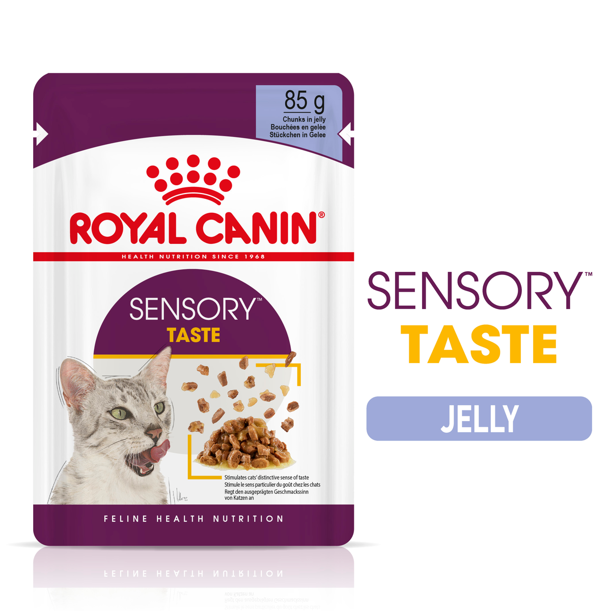 Royal Canin Sensory Taste jelly pouch beside the Sensory Taste range logo