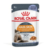Single 85g Royal Canin Hair & Skin Care wet cat food pouch, thin slices in jelly