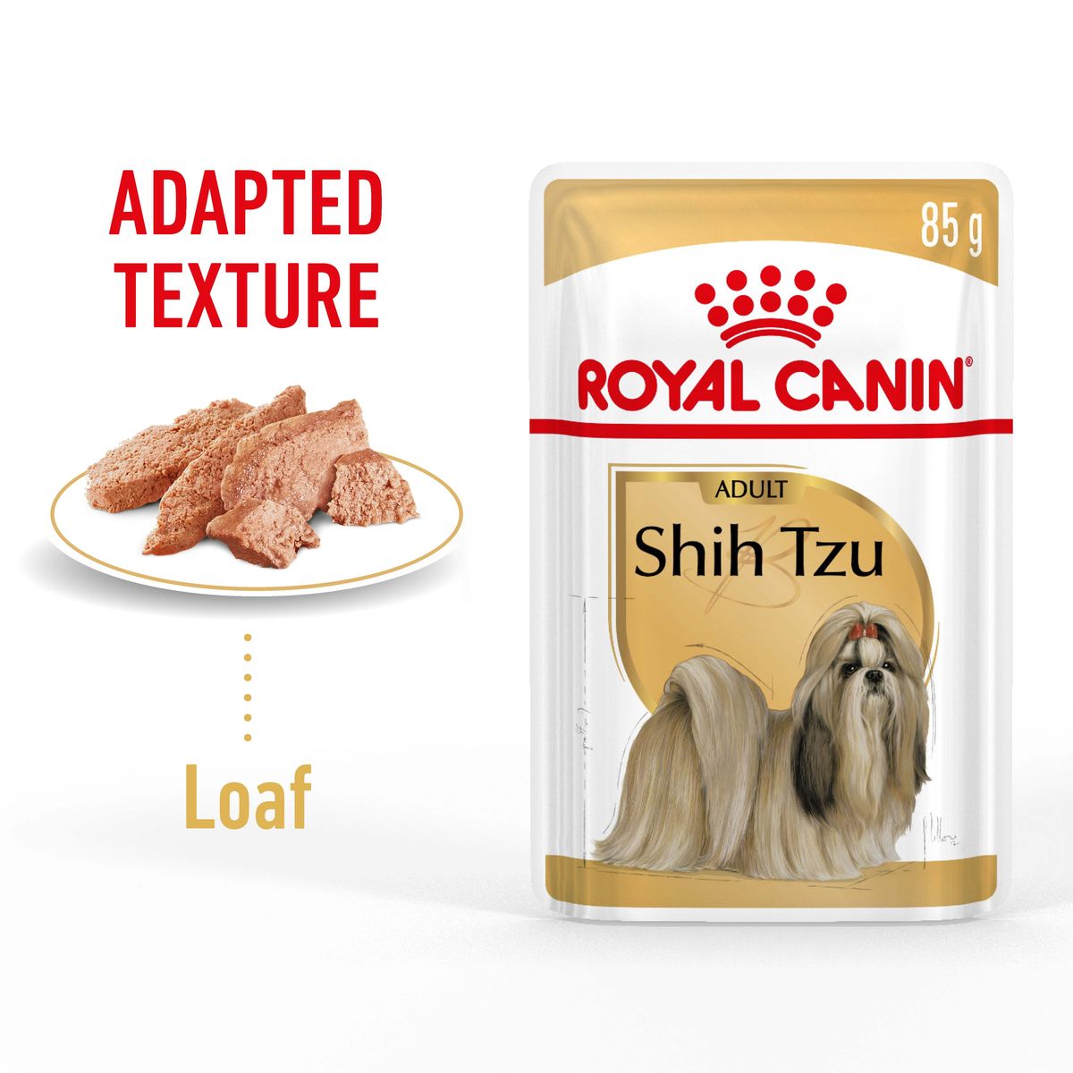 Royal Canin Shih Tzu loaf slices on a plate beside an 85g pouch, adapted texture