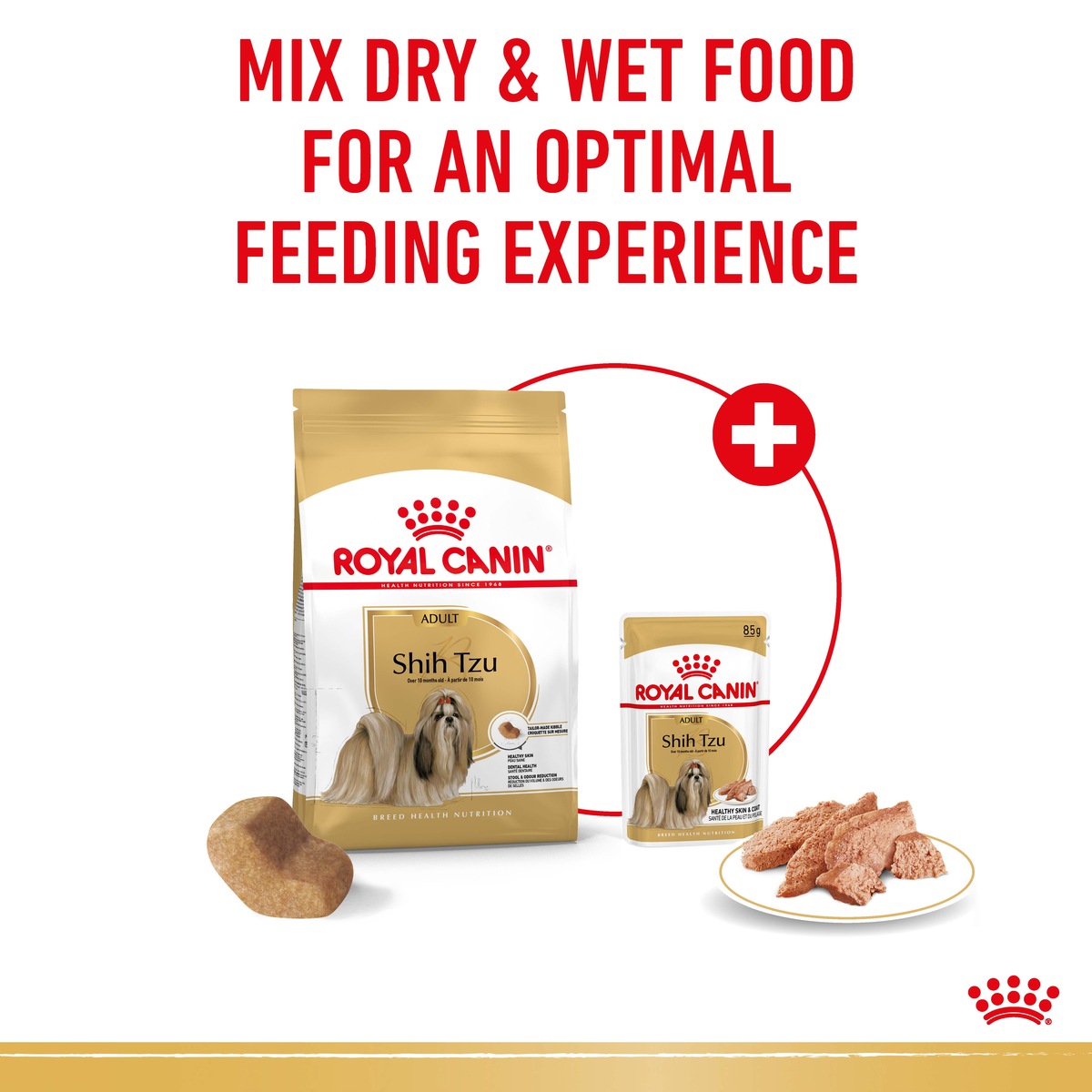 Royal Canin Shih Tzu dry bag and wet pouch shown together for mixed feeding