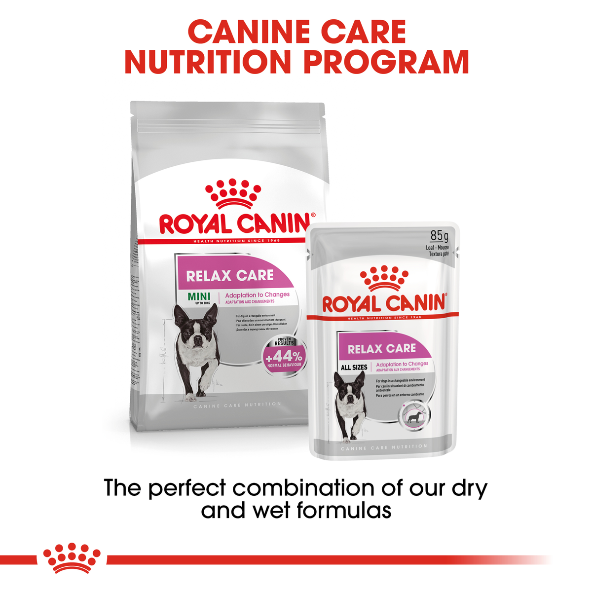 Royal Canin Relax Care dry bag and wet pouch pack shown together