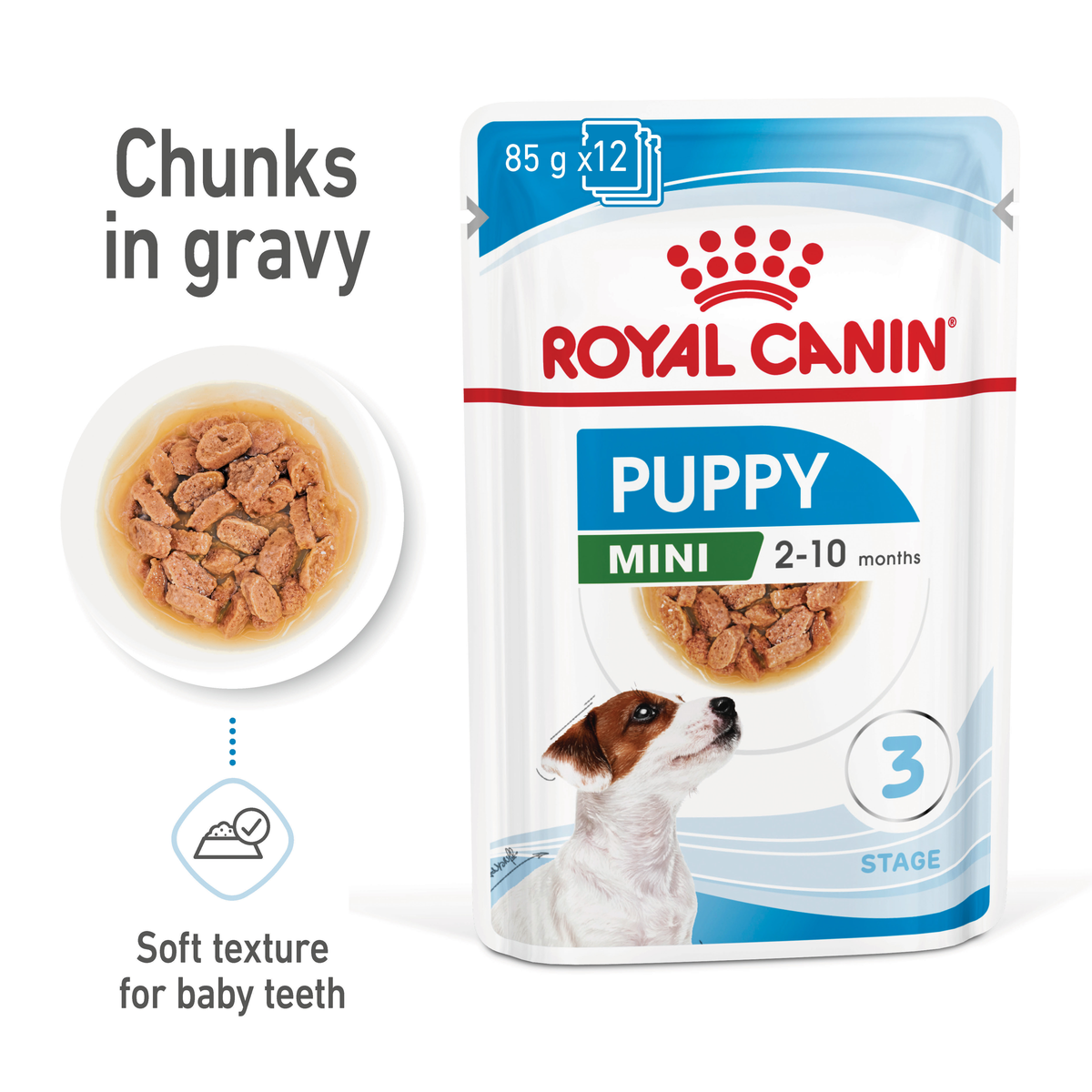 Royal Canin Mini Puppy chunks in gravy beside an 85g pouch, soft texture for baby teeth