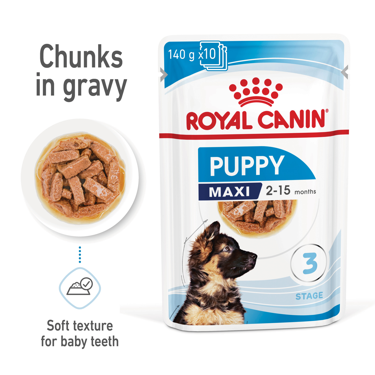 Royal Canin Maxi Puppy chunks in gravy beside a 140g pouch, soft texture for baby teeth
