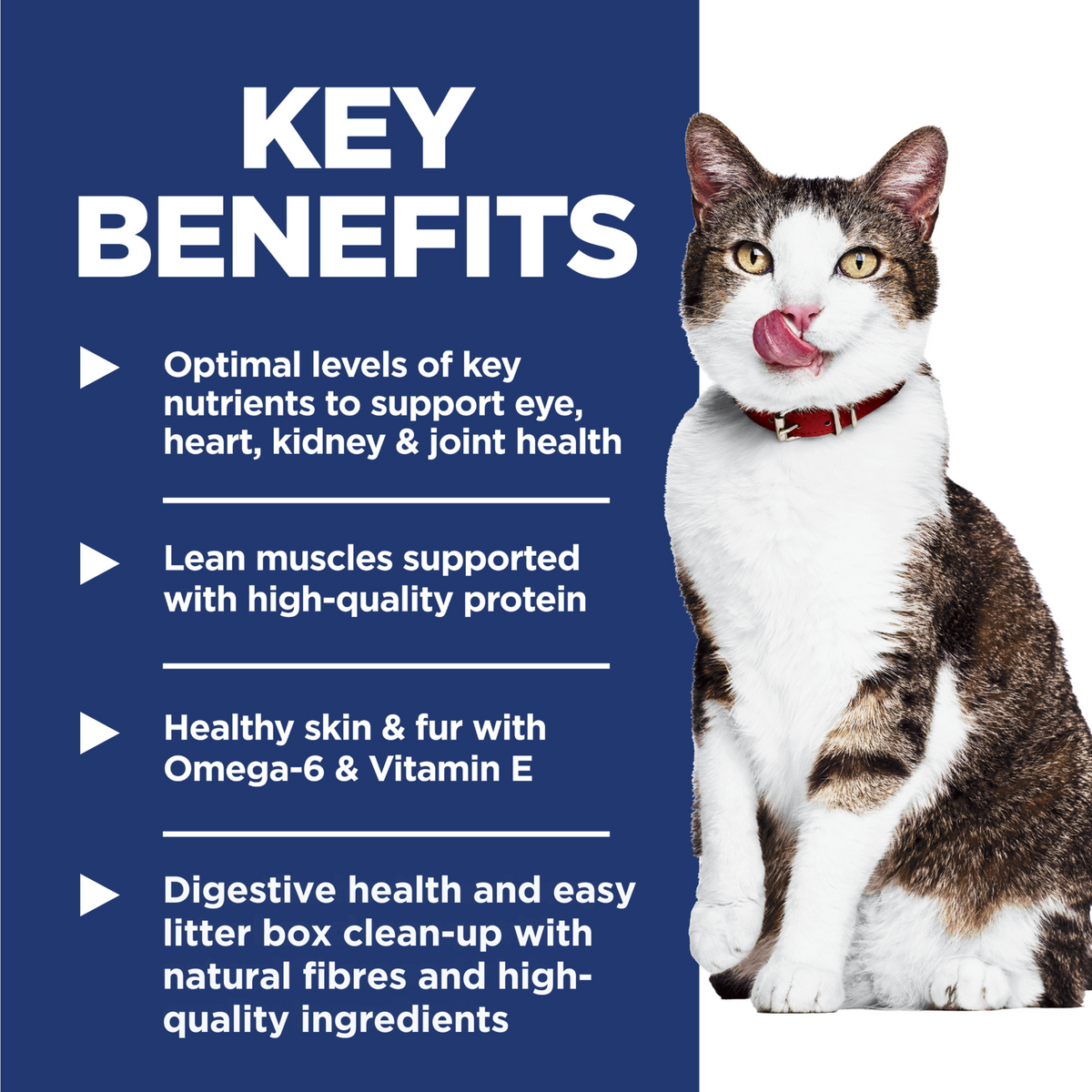 Key benefits panel for Hill's Adult 11+ Indoor: eye, heart, kidney and joint support and easy litter clean-up