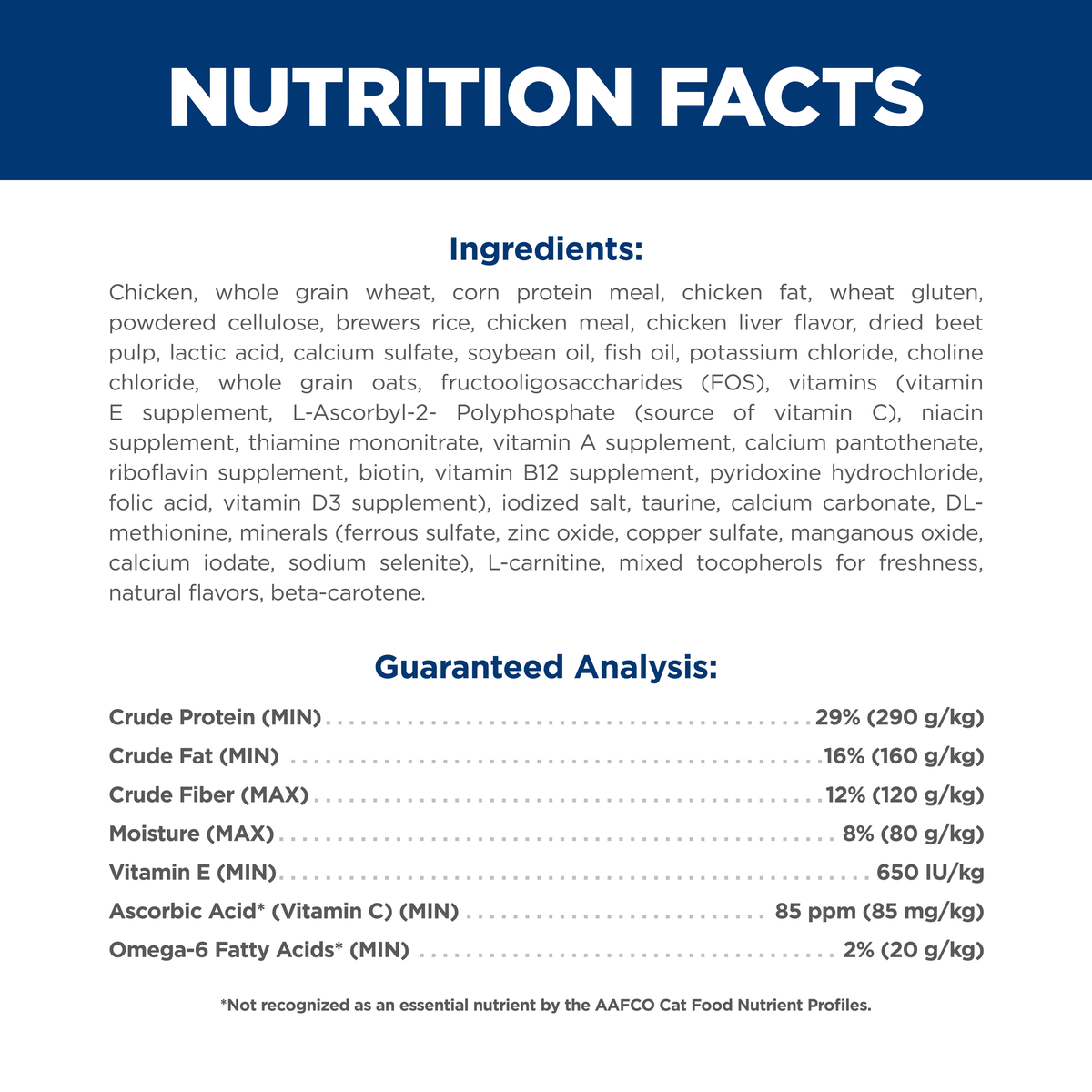 Ingredients and guaranteed analysis panel for Hill's Science Diet Adult 11+ Indoor dry cat food