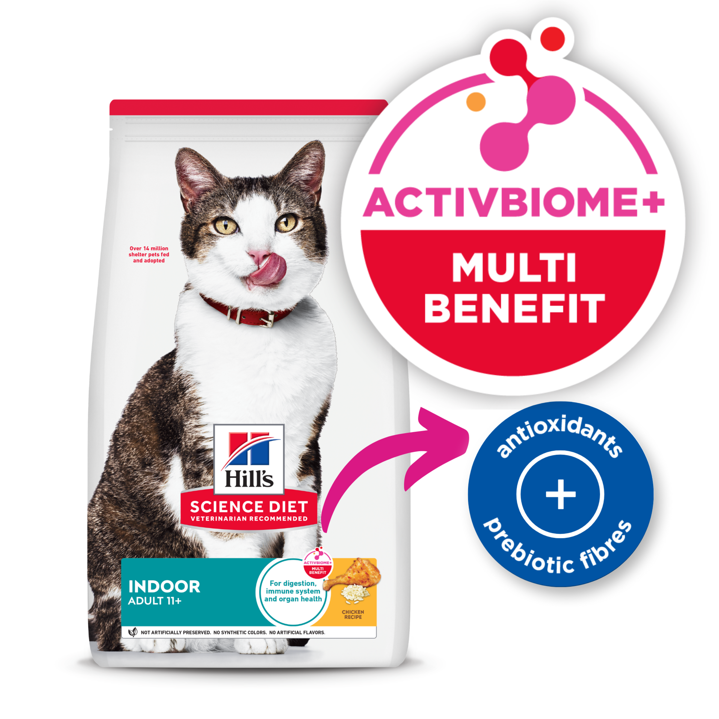 Hill's Adult 11+ Indoor cat food bag with the ActivBiome+ Multi Benefit badge