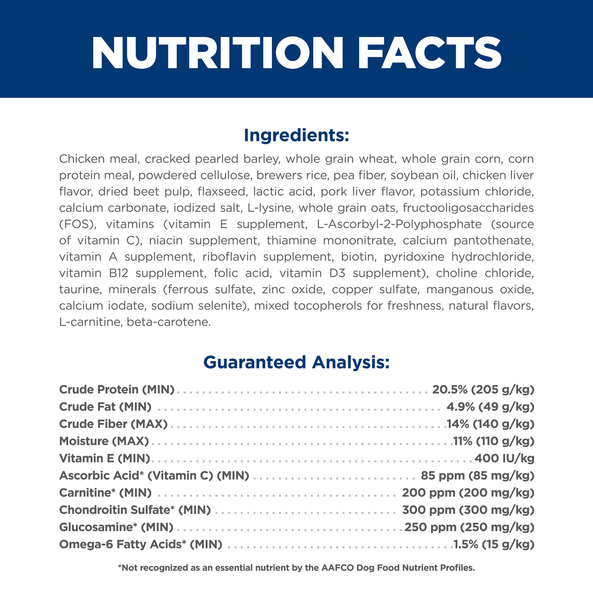 Ingredients and guaranteed analysis panel for Hill's Adult Light Large Breed dry dog food