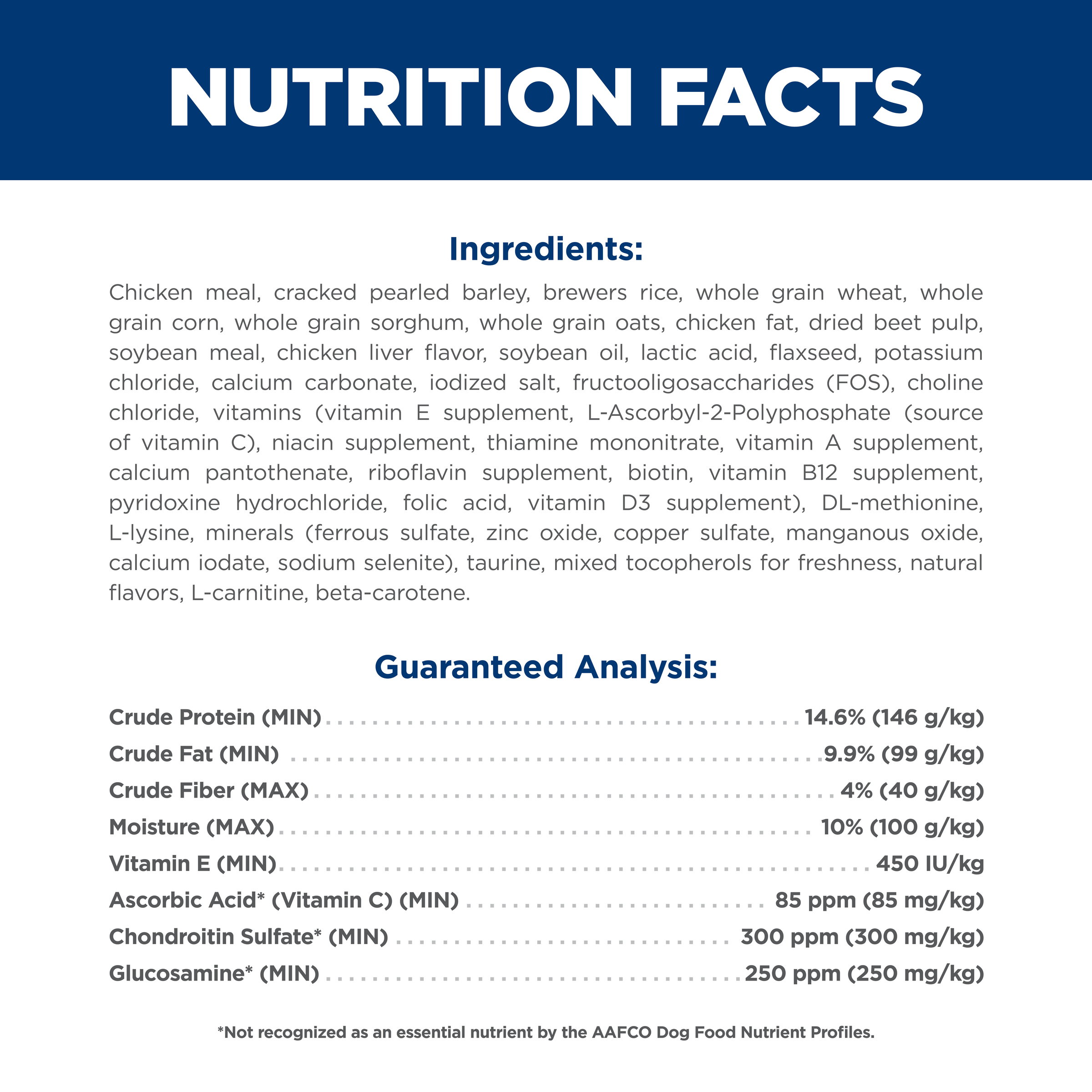 Ingredients and guaranteed analysis panel for Hill's Adult 6+ Large Breed dry dog food